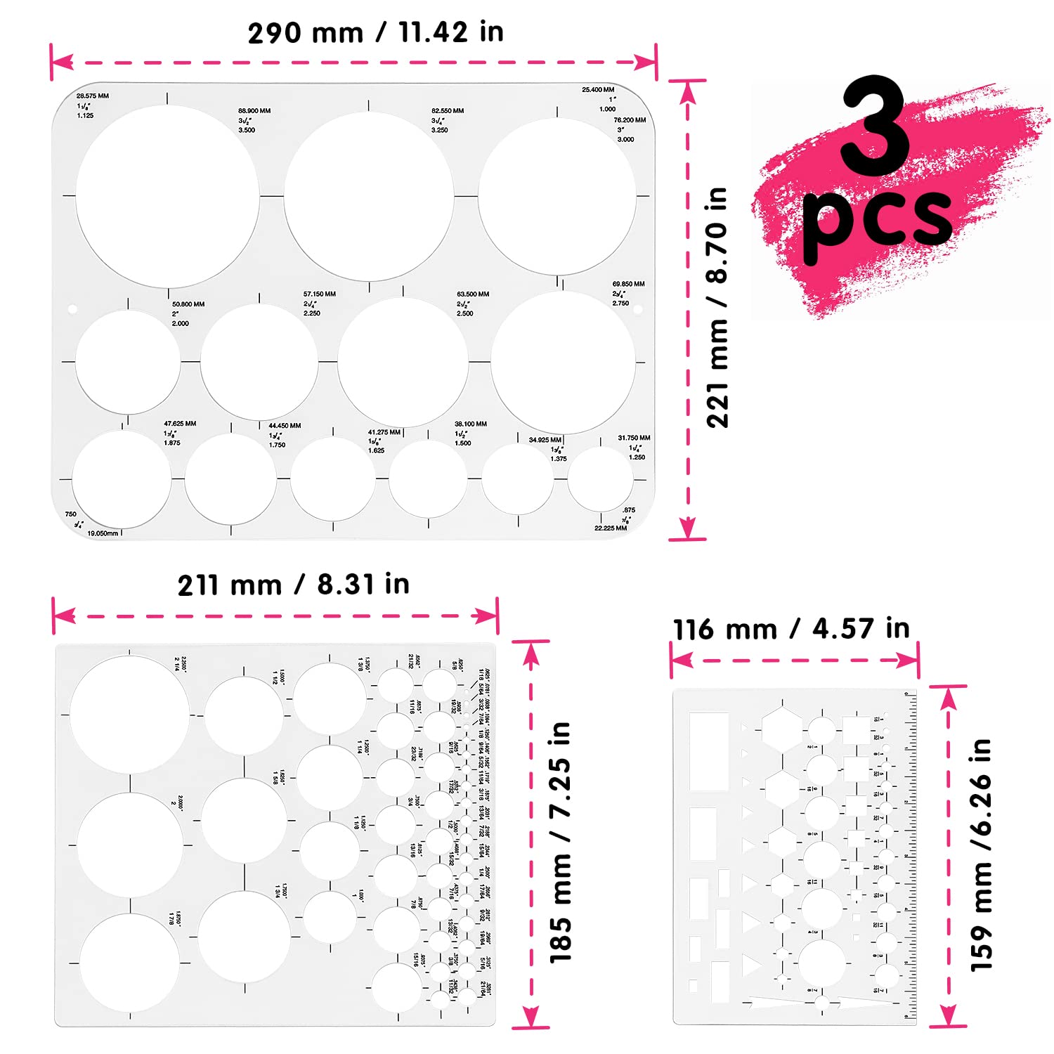 Tamaki Circle Template Circle Round Stencil Templates for Drafting for Office and School Building Formwork Drawings Templates, Large and Small Size, 3 Pack