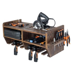 mygift wall mounted power tool organizer station, rustic burnt solid wood toolbox storage shelf, 8 drill hanging rack, 15 hand tools slots, and circular saw holder