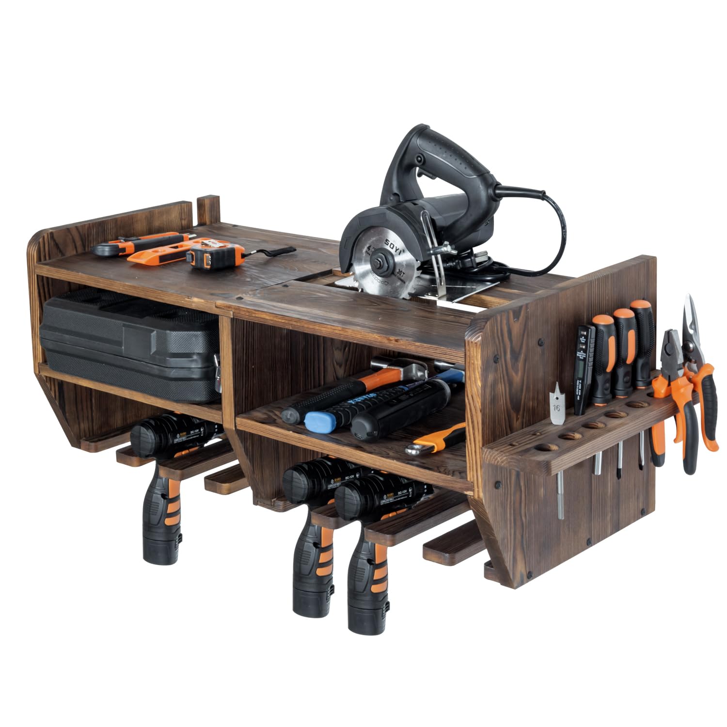 MyGift Wall Mounted Power Tool Organizer Station, Rustic Burnt Solid Wood Toolbox Storage Shelf, 8 Drill Hanging Rack, 15 Hand Tools Slots, and Circular Saw Holder