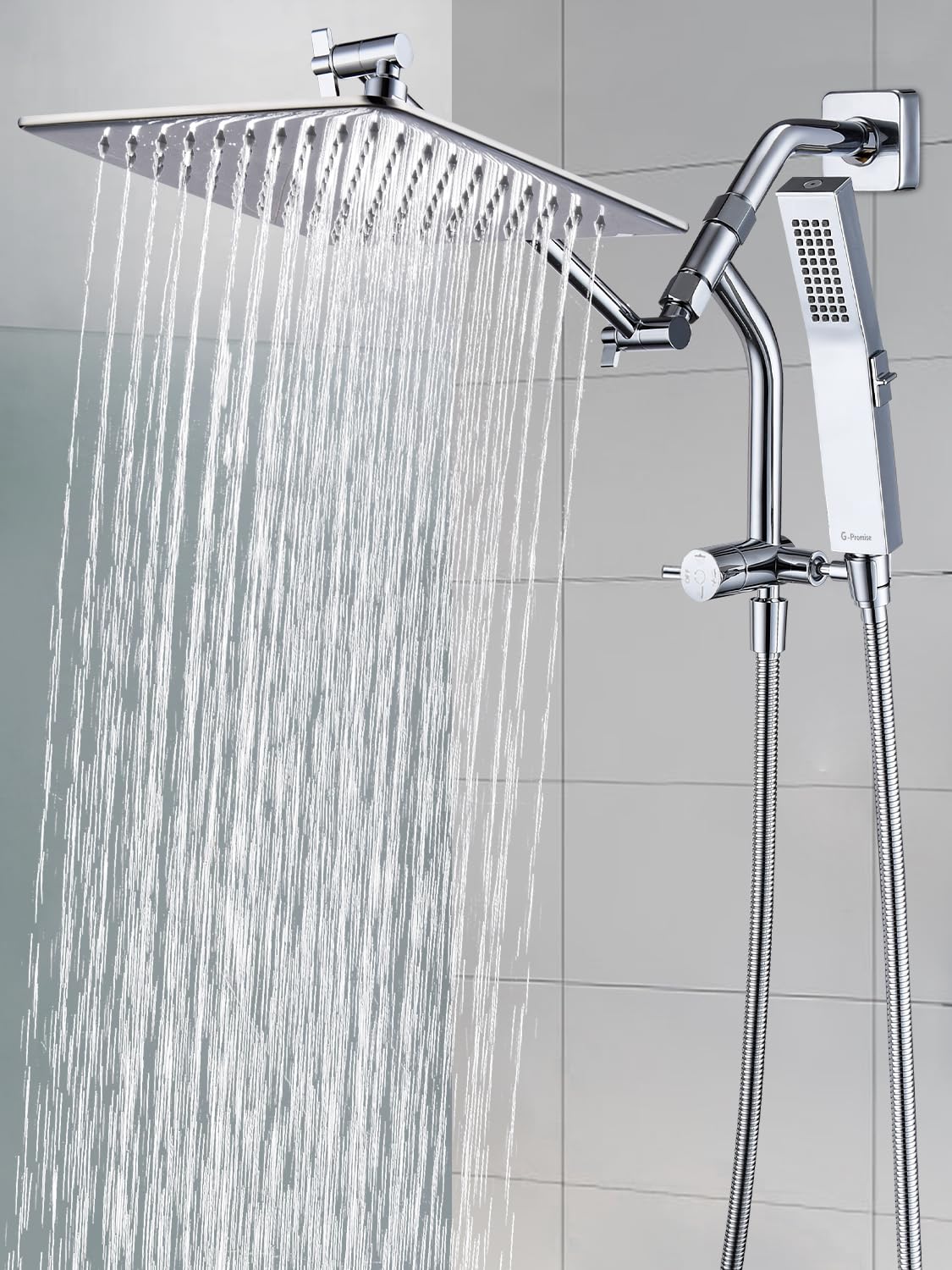 G-Promise All Metal 12'' Rain Shower Head with Handheld Built-in Power Wash Mode 3-way Diverter with Pause Setting 11'' Adjustable Extension Arm with Lock Joint 65'' Stainless Steel Hose