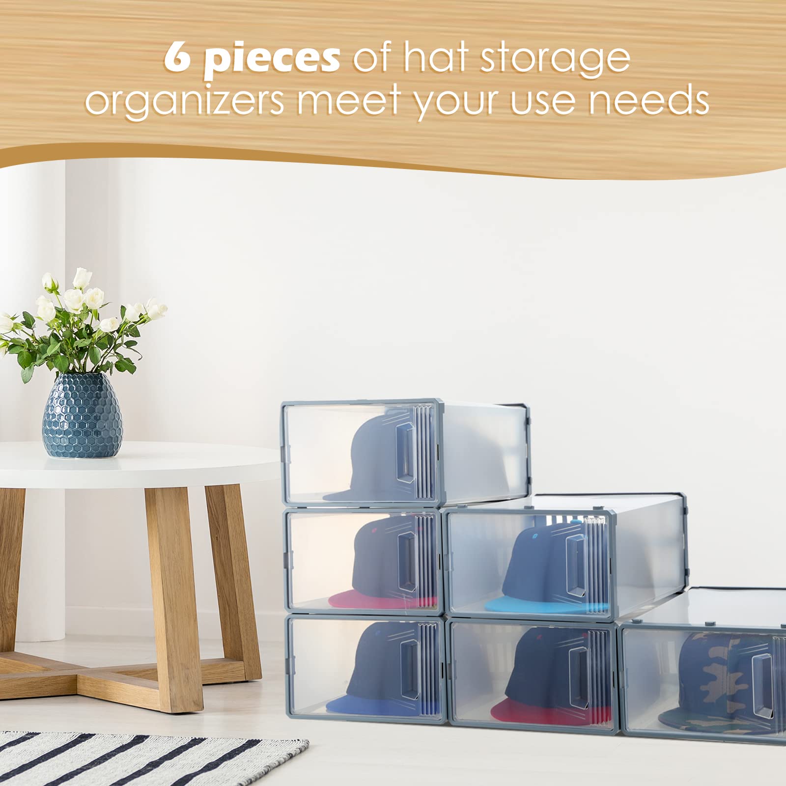 Chunful 6 Pack Baseball Hat Organizer Display Box Hat Storage Containers for Baseball Caps Hat Racks Display,stackable Cap Holder Organizer, Dust Proof Hat Rack, Easy to Assemble Shoe Storage Cap Box