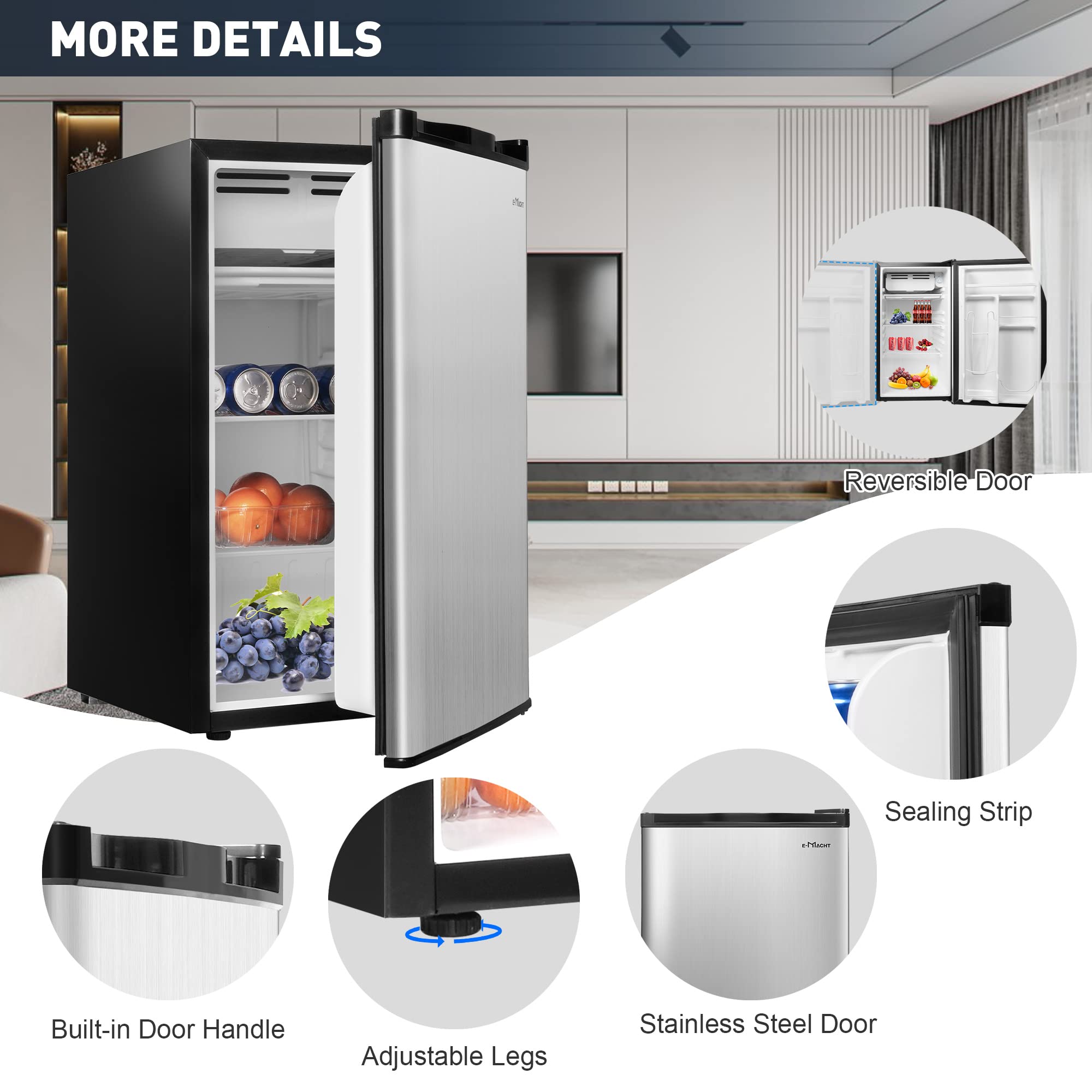 E-Macht 3.2 Cu.Ft. Mini Fridge with Freezer, Single Door Compact Refrigerator,Removable Glass Shelves, Reversible Door, Small Refrigerator for Apartment, Office, Dorm