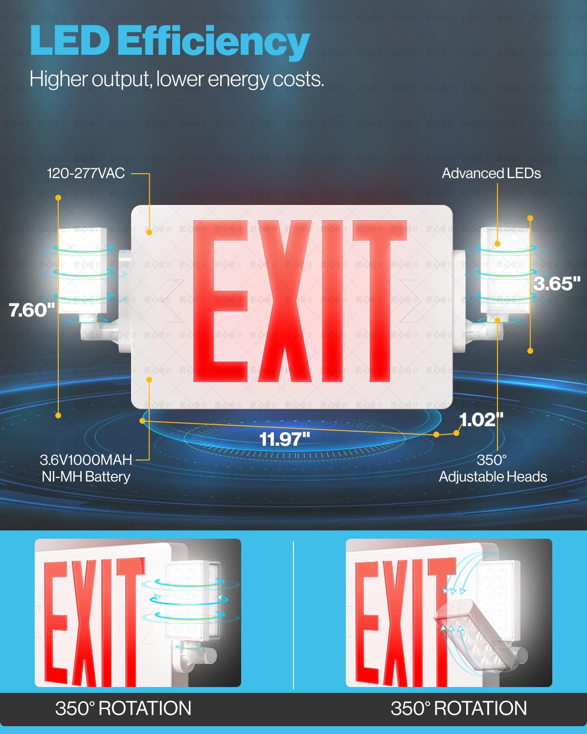 Sunco 12 Pack Red Exit Signs With Emergency Lights, Two Adjustable LED Lights, 94V-0 Fire Resistant, Backup Battery, 120-277V, Wall Or Ceiling Mount, Commercial Grade Double Sided UL