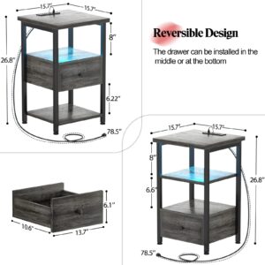 Girapow Nightstands Set of 2, 3-Tier Nightstand with LED Lights, 26.8'' Charging Station and USB Ports, Adjustable Wood Drawers, End Table Bedside Storage for Bedroom, Grey