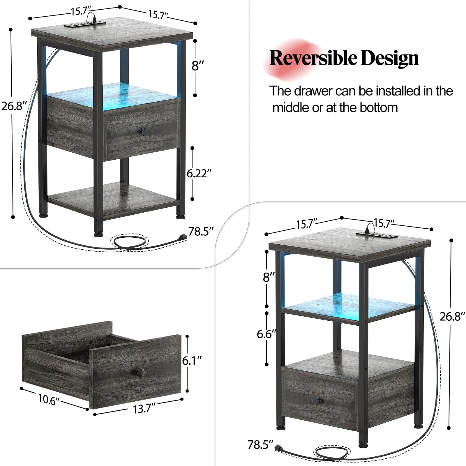 Girapow Nightstands Set of 2, 3-Tier Nightstand with LED Lights, 26.8'' Charging Station and USB Ports, Adjustable Wood Drawers, End Table Bedside Storage for Bedroom, Grey