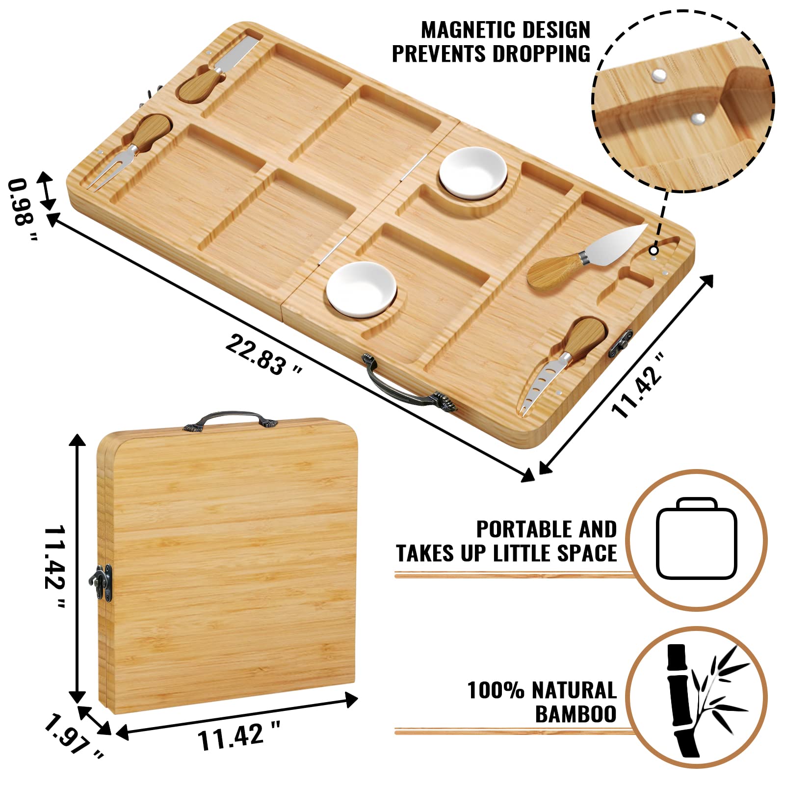 Fccabin Travel Charcuterie Boards, Cheese Board Folding Outdoor Picnic Cheese Tray Set with Knife Cutting Boards Foldable Serving Platter for Family Gathering Holiday Wedding House Warming Gifts