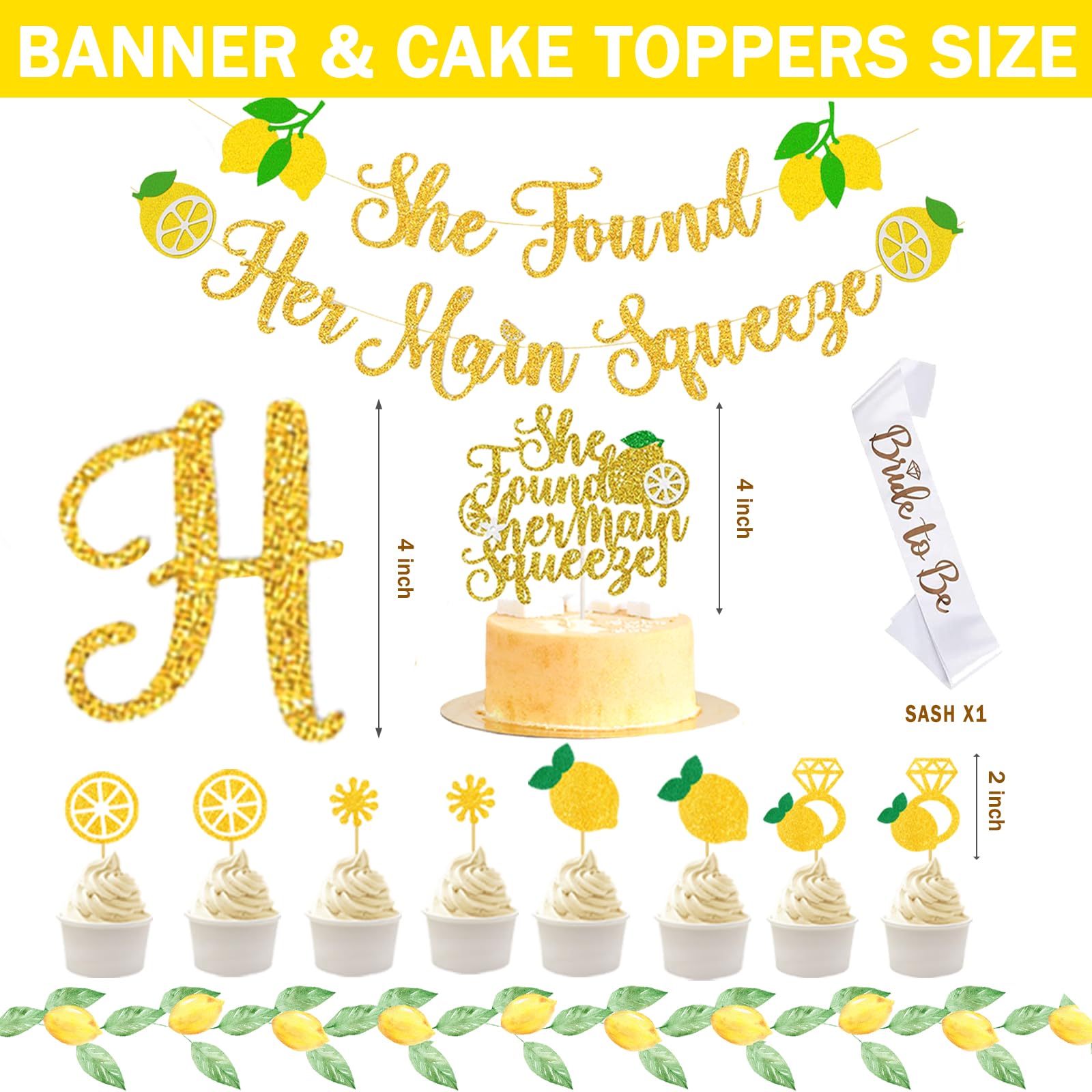 Fiesec Lemon Bridal Shower Decorations, She Find Her Main Squeeze Bachelorette Party Decorations Backdrop Balloon Garland Glitter Banner Tablecloth Cake Cupcake Topper Sash Ring Gold Yellow