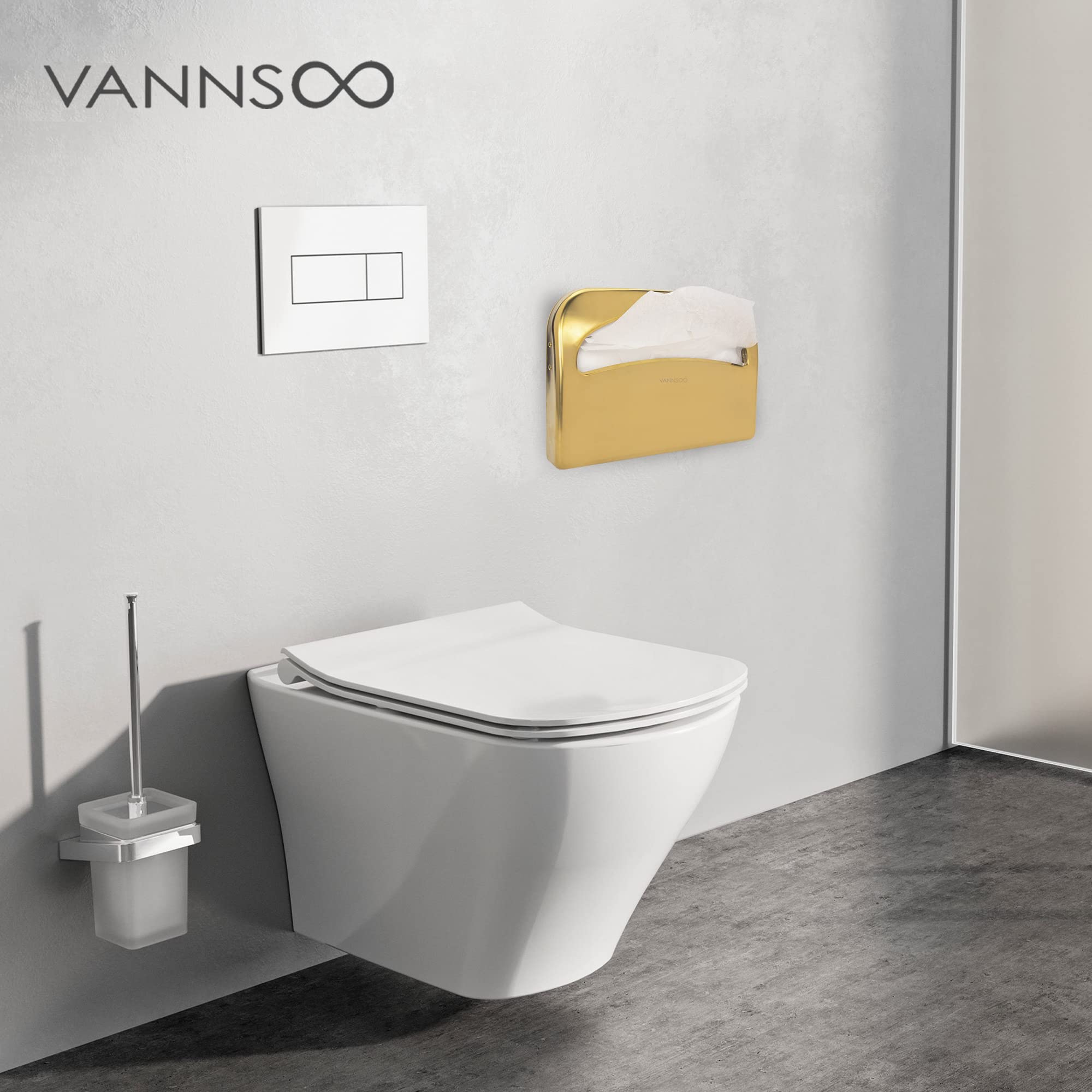 VANNSOO Toilet Seat Cover Dispenser - Stainless Steel Wall Mount Toilet Seat Cover Holder for Commercial Bathroom, 250 Single or Half Fold Seat Covers Capacity (Gold)