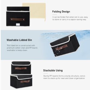 LaMorée Storage Bins with Lids Decorative Storage Boxes with PU Leather Handle 1 Pack Collapsible Closet Storage Basket Cotton Linen Basket Fabric Storage Cubes 10.2" Lx7.9 Wx6.7 H, Black