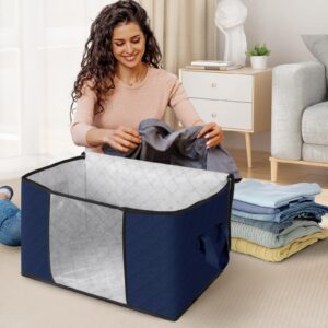 Fab totes 2 Pack Clothes Storage, Foldable Blanket Storage Bags, Storage Containers for Organizing Bedroom, Closet, Clothing, Comforter, Organization and Storage with Lids and Handle, Blue