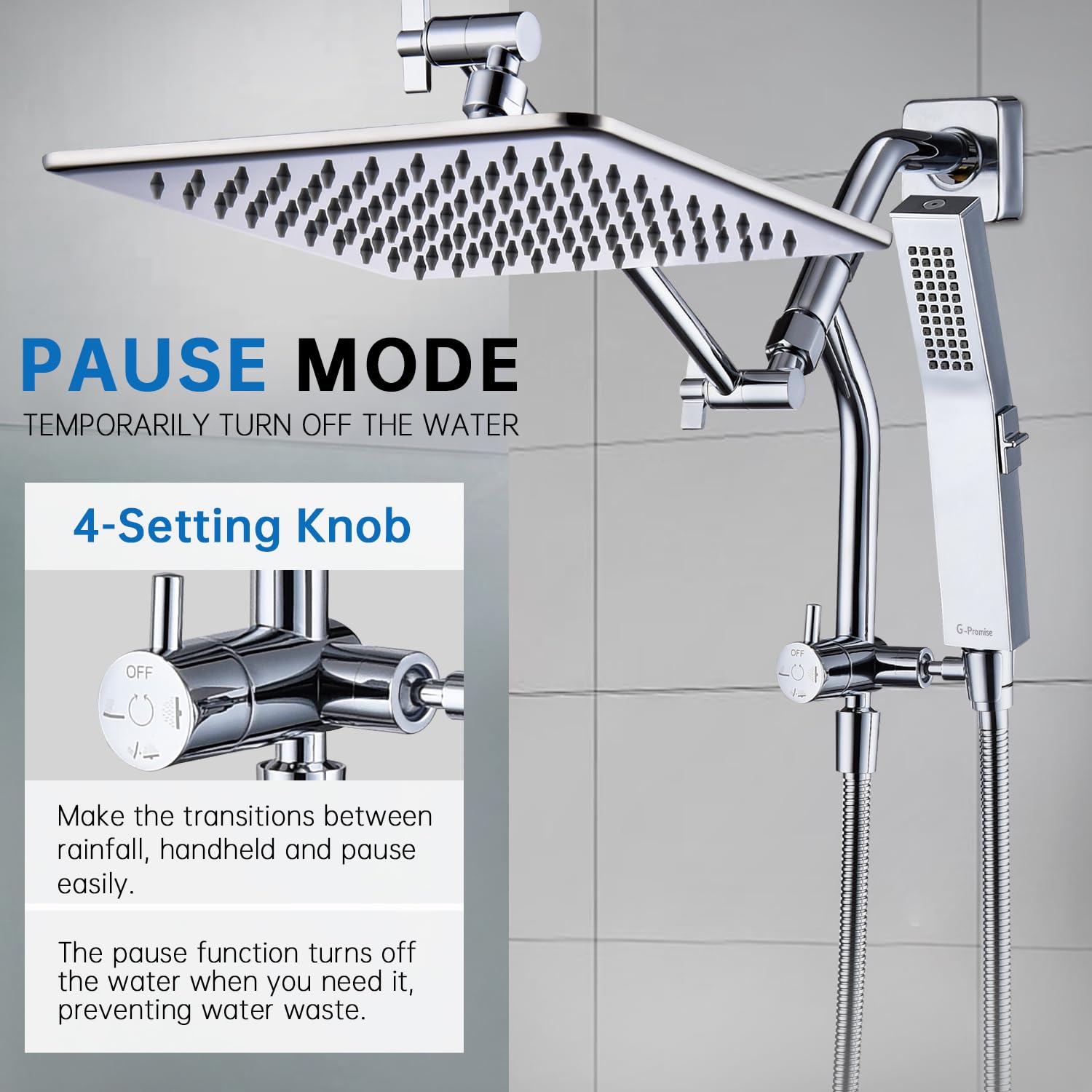 G-Promise All Metal 12'' Rain Shower Head with Handheld Built-in Power Wash Mode 3-way Diverter with Pause Setting 11'' Adjustable Extension Arm with Lock Joint 65'' Stainless Steel Hose