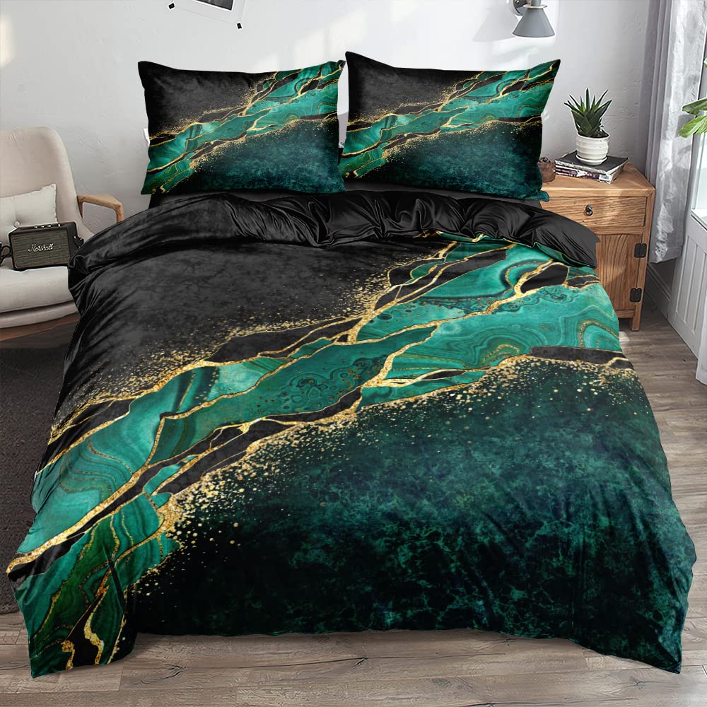 Holiyjog Black and Green Marble Duvet Cover Set Queen Size Gold Veins Malachite Comforter Cover Bedding Set Luxry Art Decor Bedroom