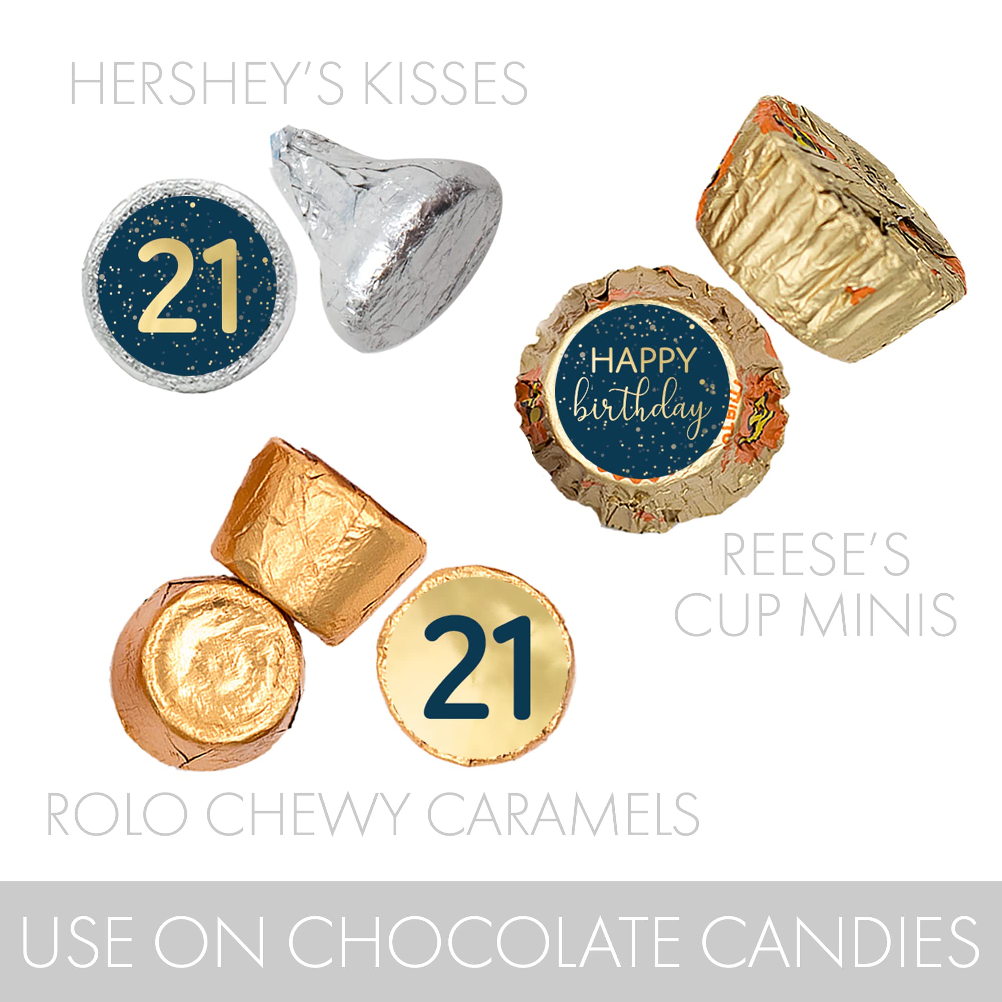 Navy Blue and Gold 21st Birthday Party Favors Chocolate Kisses Candy Stickers - 180 Count - 21st Birthday Decorations