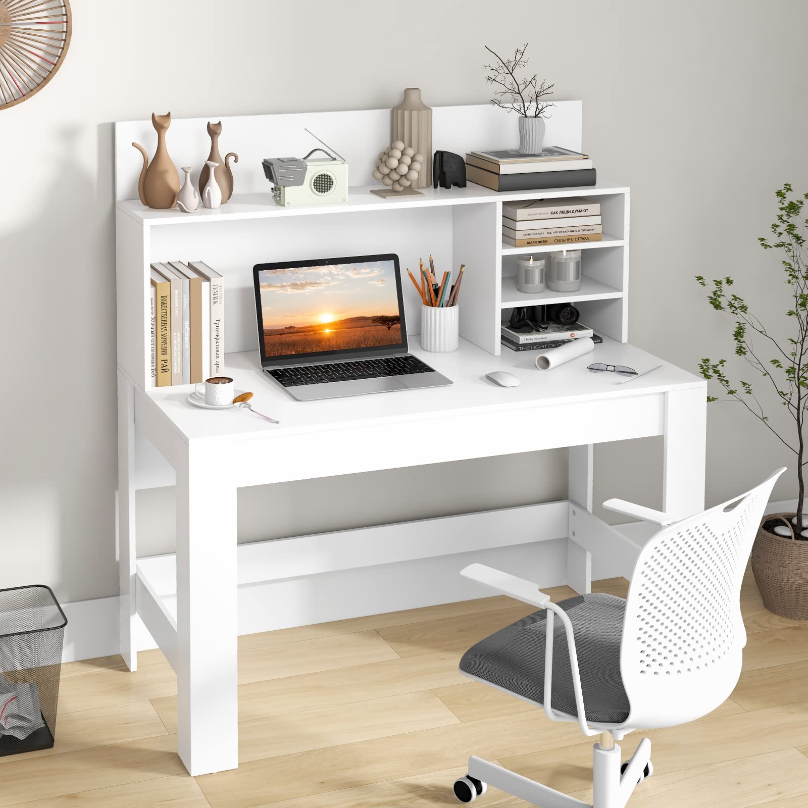 Tangkula White Desk with Hutch, Home Office Desk with Bookshelf, Writing Study Desk with Anti-Toppling Device & Cable Hole, Modern Computer Workstation PC Laptop Desk for Small Space, Bedroom