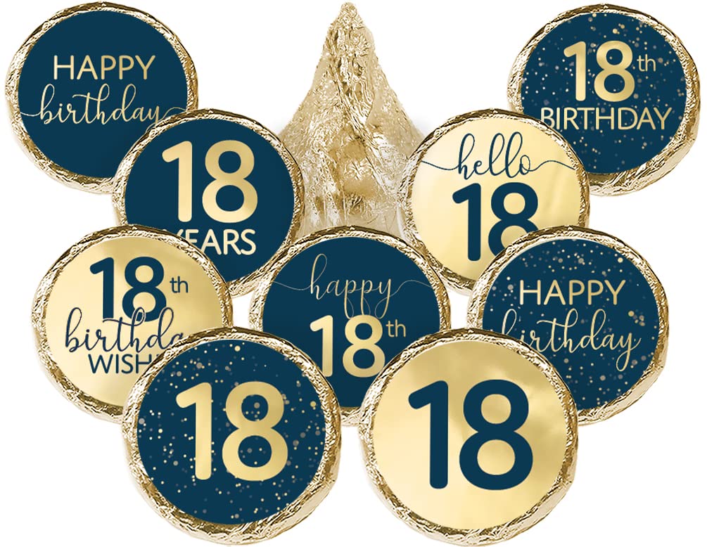 Navy Blue and Gold 18th Party Favor Chocolate Kisses Candy Stickers - 180 Count, 18th Birthday Decorations