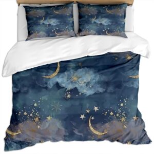 strelec star moon cloud print bedding sets 3 pieces, modern fashion decor comforter cover, soft lightweight washed duvet cover with zipper closure and 2 pillow shams for all seasons (king 104" x 90")