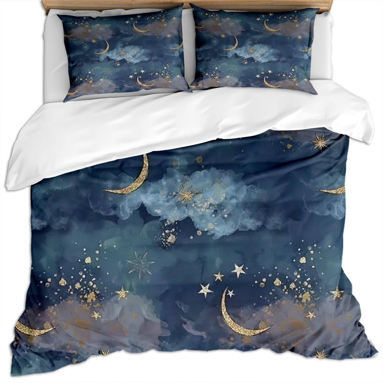 STRELEC Star Moon Cloud Print Bedding Sets 3 Pieces, Modern Fashion Decor Comforter Cover, Soft Lightweight Washed Duvet Cover with Zipper Closure and 2 Pillow Shams for All Seasons (King 104" X 90")