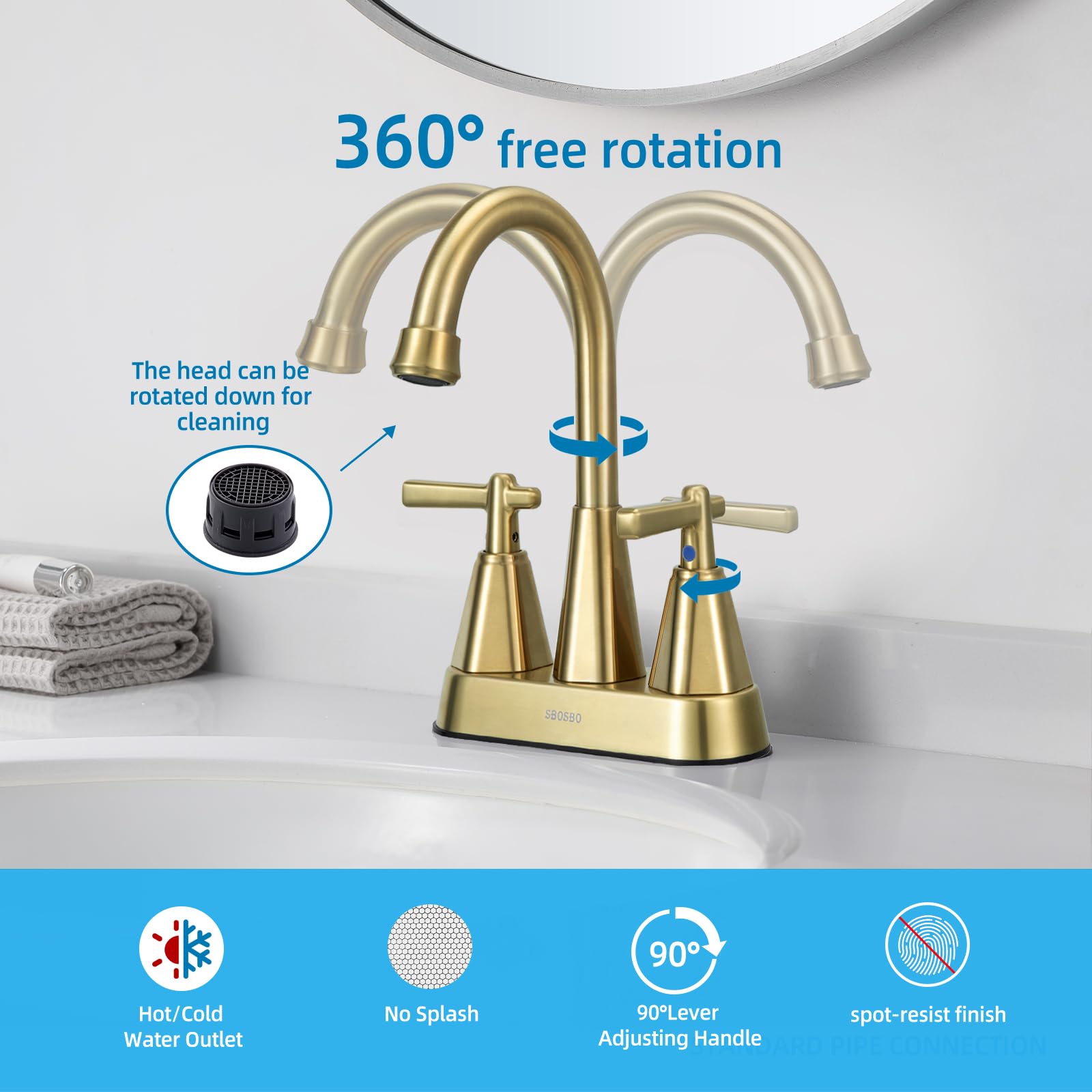 Bathroom Sink Faucet, SBOSBO 4 Inch Bathroom Faucet for Sink 3 Hole, 2 Handle Sink Faucet with Pop Up Drain Assembly and 2 Water Supply Hoses for RV Bathroom Vanity (Brushed Gold)