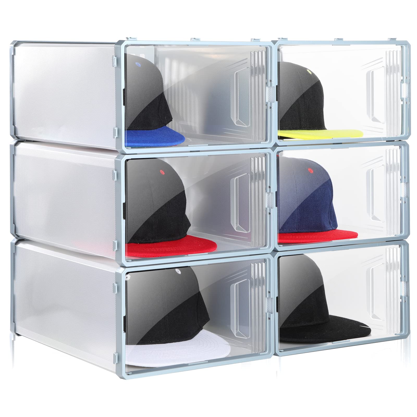 Chunful 6 Pack Baseball Hat Organizer Display Box Hat Storage Containers for Baseball Caps Hat Racks Display,stackable Cap Holder Organizer, Dust Proof Hat Rack, Easy to Assemble Shoe Storage Cap Box