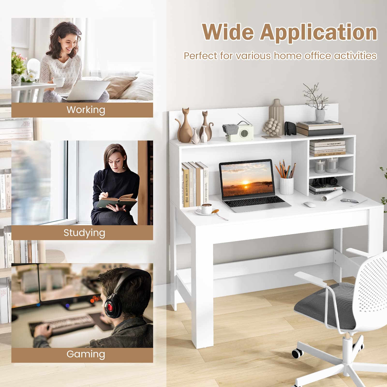 Tangkula White Desk with Hutch, Home Office Desk with Bookshelf, Writing Study Desk with Anti-Toppling Device & Cable Hole, Modern Computer Workstation PC Laptop Desk for Small Space, Bedroom