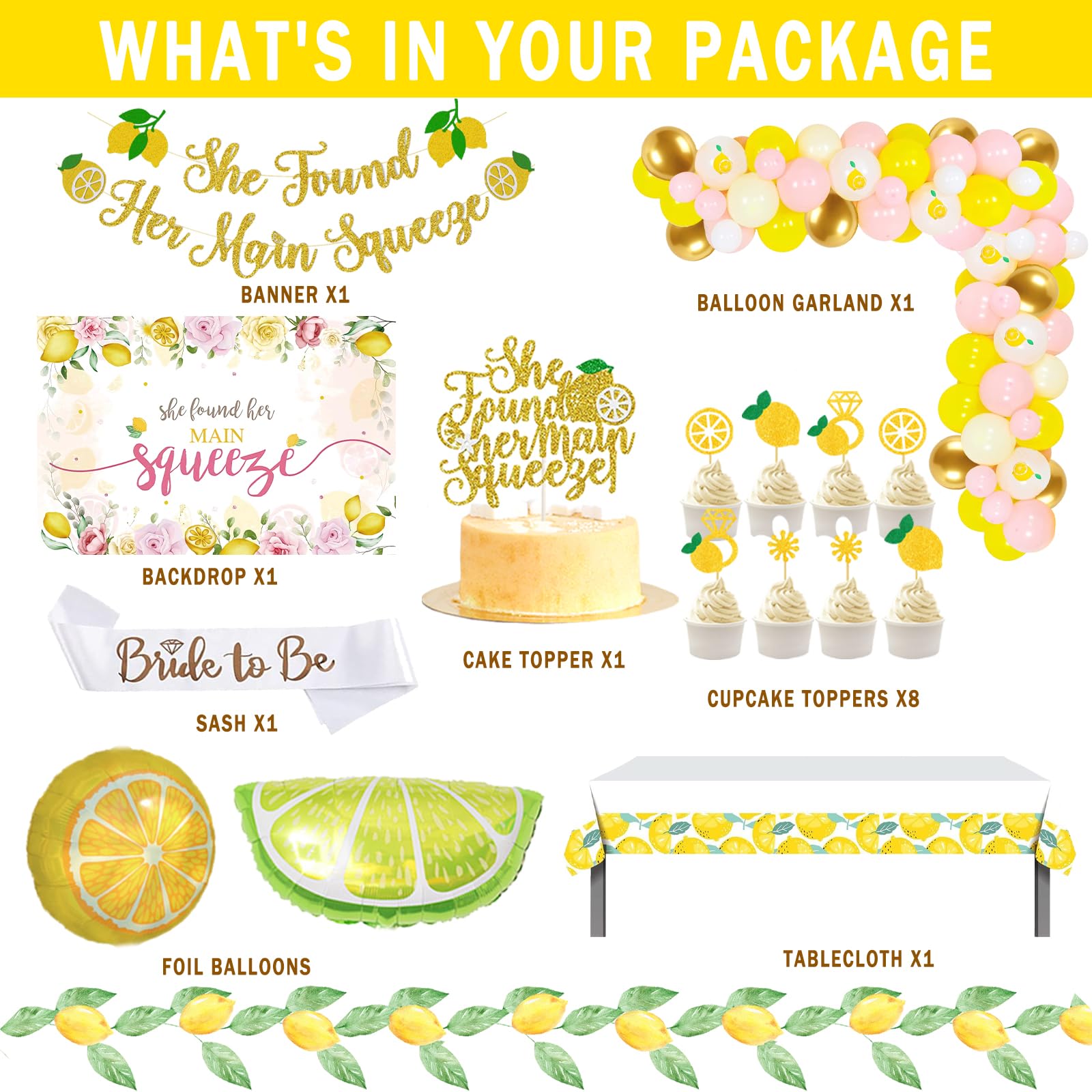 Fiesec Lemon Bridal Shower Decorations, She Find Her Main Squeeze Bachelorette Party Decorations Backdrop Balloon Garland Glitter Banner Tablecloth Cake Cupcake Topper Sash Ring Gold Yellow