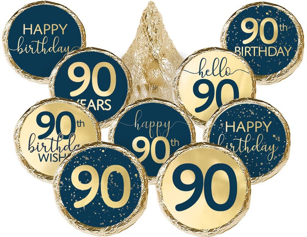 Navy Blue and Gold 90th Birthday Party Favor Chocolate Kisses Candy Stickers Labels - 180 Count, 90th Birthday Decorations