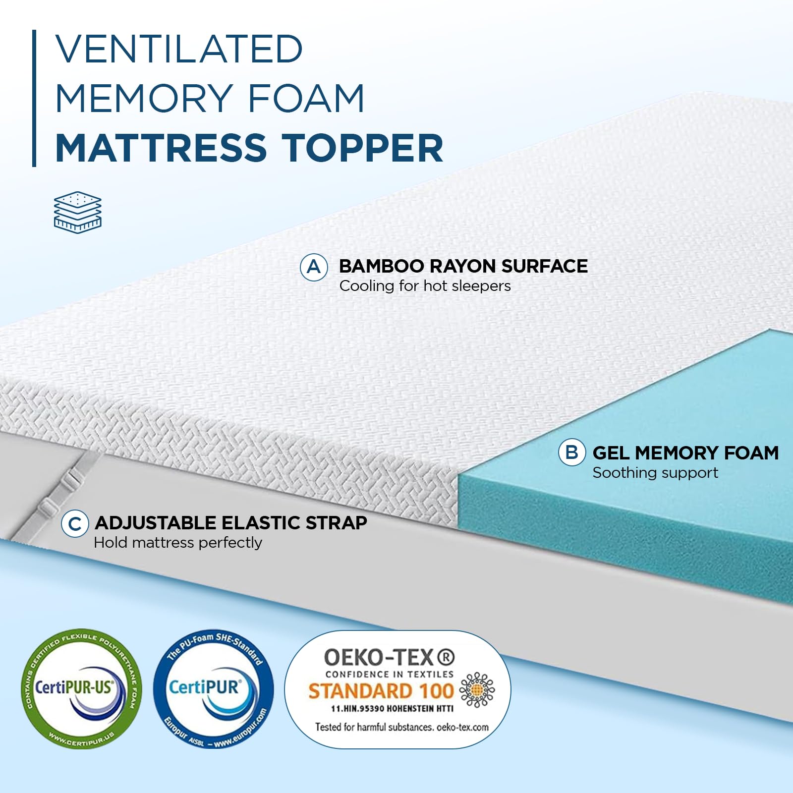 3 Inch Gel Memory Foam Mattress Topper King Size, High Density Ventilated Memory Foam Bed Mattress Topper for Back Pain,Non-Slip Design with Removable Bamboo Cover