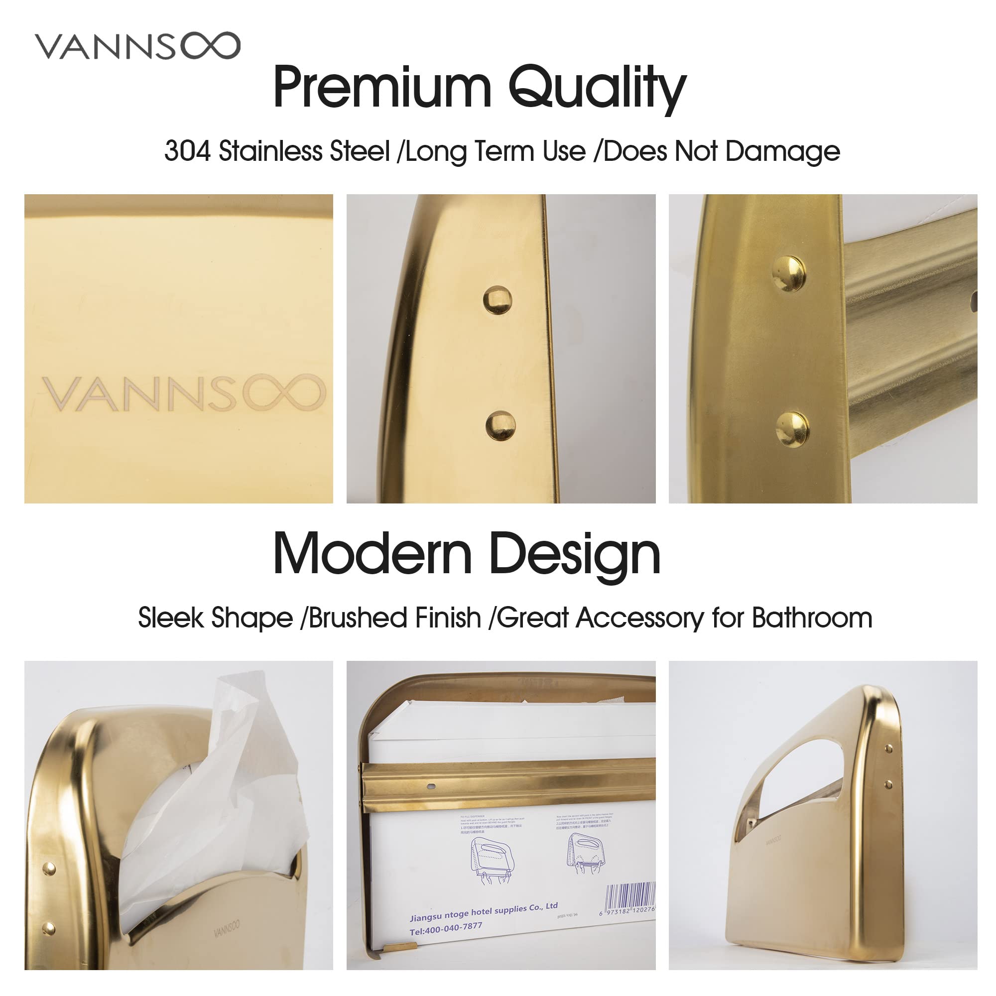 VANNSOO Toilet Seat Cover Dispenser - Stainless Steel Wall Mount Toilet Seat Cover Holder for Commercial Bathroom, 250 Single or Half Fold Seat Covers Capacity (Gold)