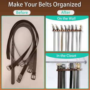 Wooden Belt Rack for Closet Wall Mount, Sturdy Belt Hanger Organizer Holds 14 Belts, Space Saving Belt Holder for Closet Door Wall, Walnut