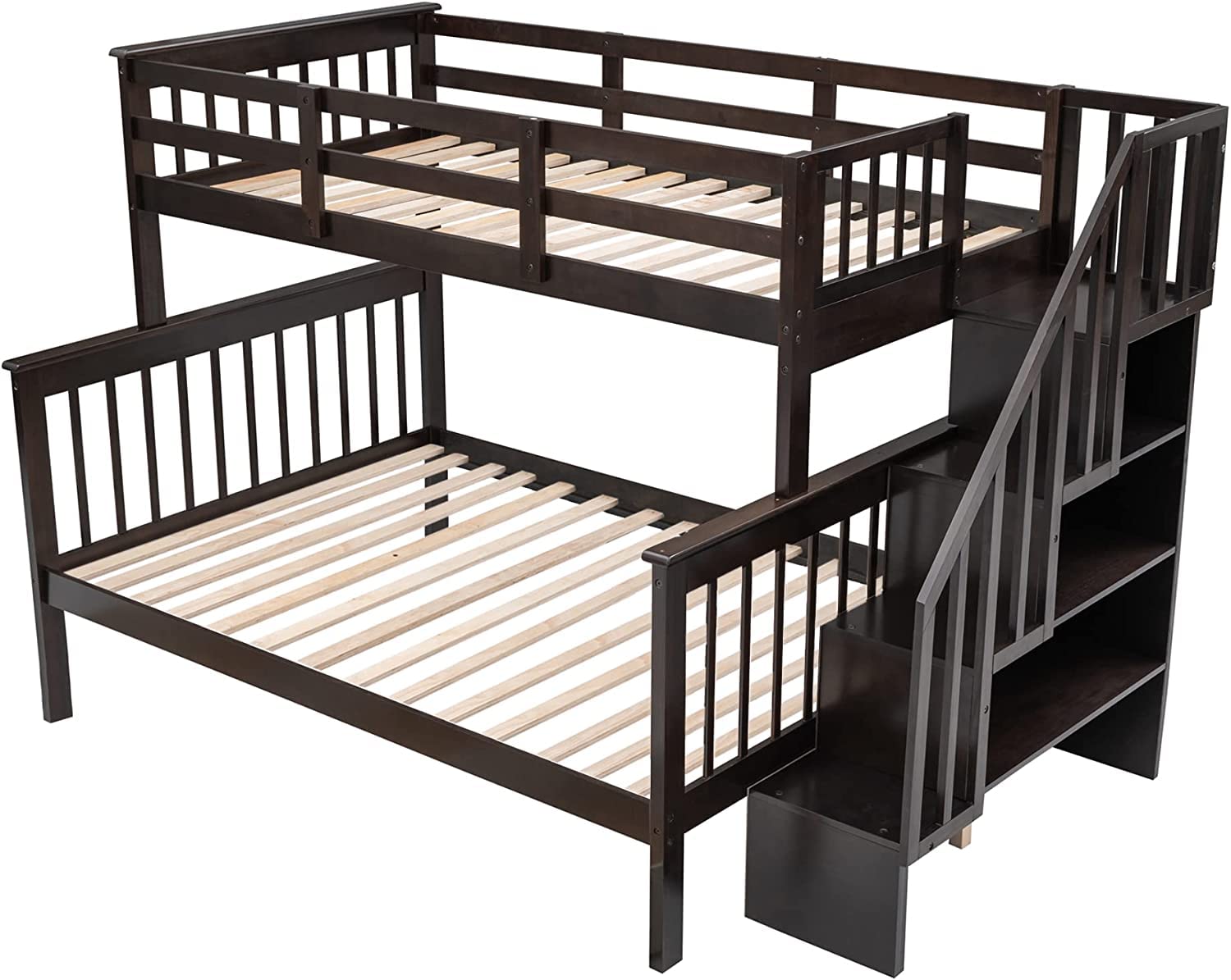 CITYLIGHT Bunk Beds Twin Over Full Size with Stairs, Wooden Bunk Beds with Storage Open Shelves, Stairway Bunk Bed Convertible to 2 Separated Beds,Kids Bunk Beds for Bedroom, Dorm,Espresso