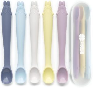 silicone baby feeding spoons-first stage, bendable utensils for infant & parent-baby led weaning, toddler self-feeding & training-soft-tip, chewproof teether l 4 months + [5 pack with a portable case]