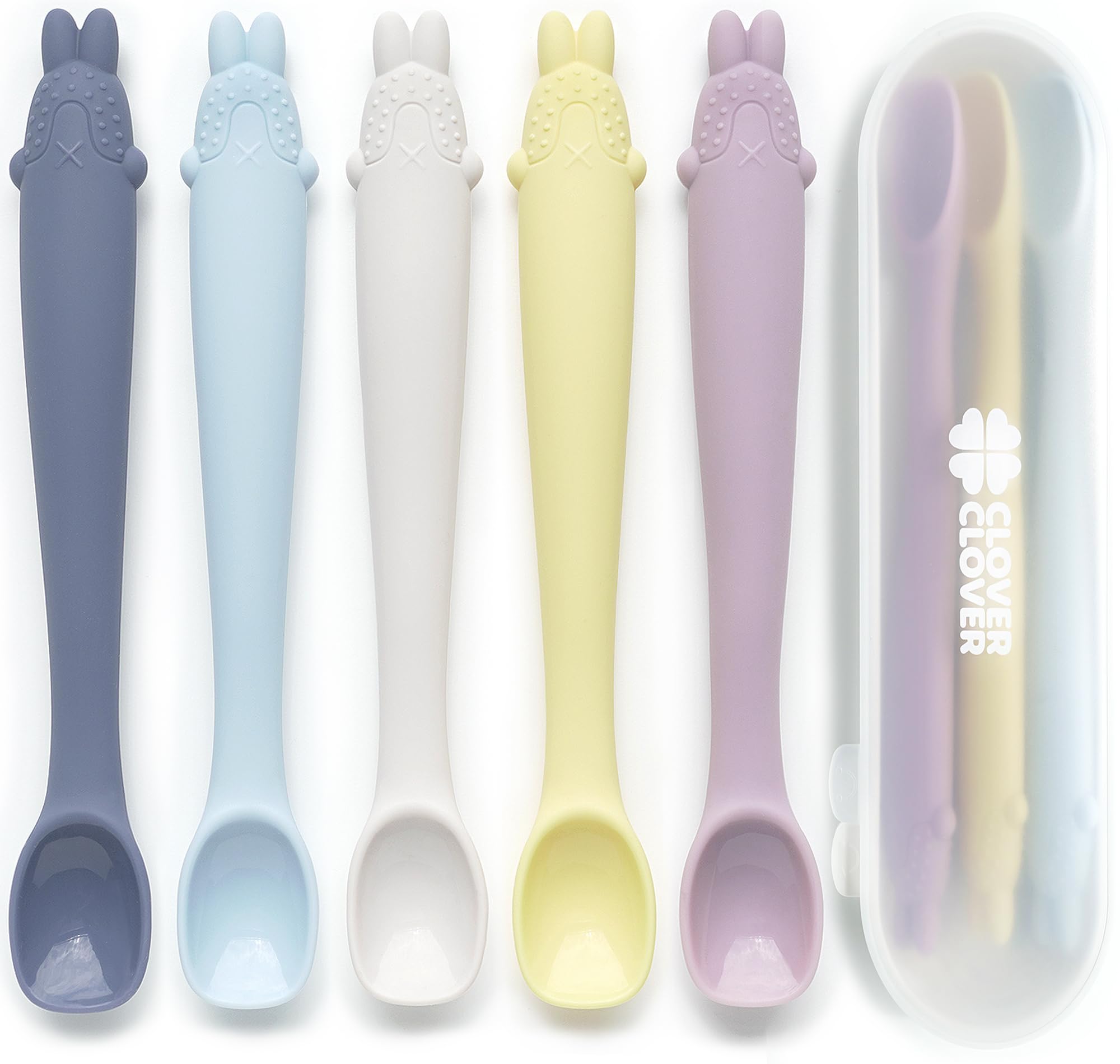 Silicone Baby Feeding Spoons-First Stage, Bendable Utensils for Infant & Parent-Baby Led Weaning, Toddler Self-Feeding & Training-Soft-Tip, Chewproof Teether l 4 Months + [5 Pack with a Portable Case]