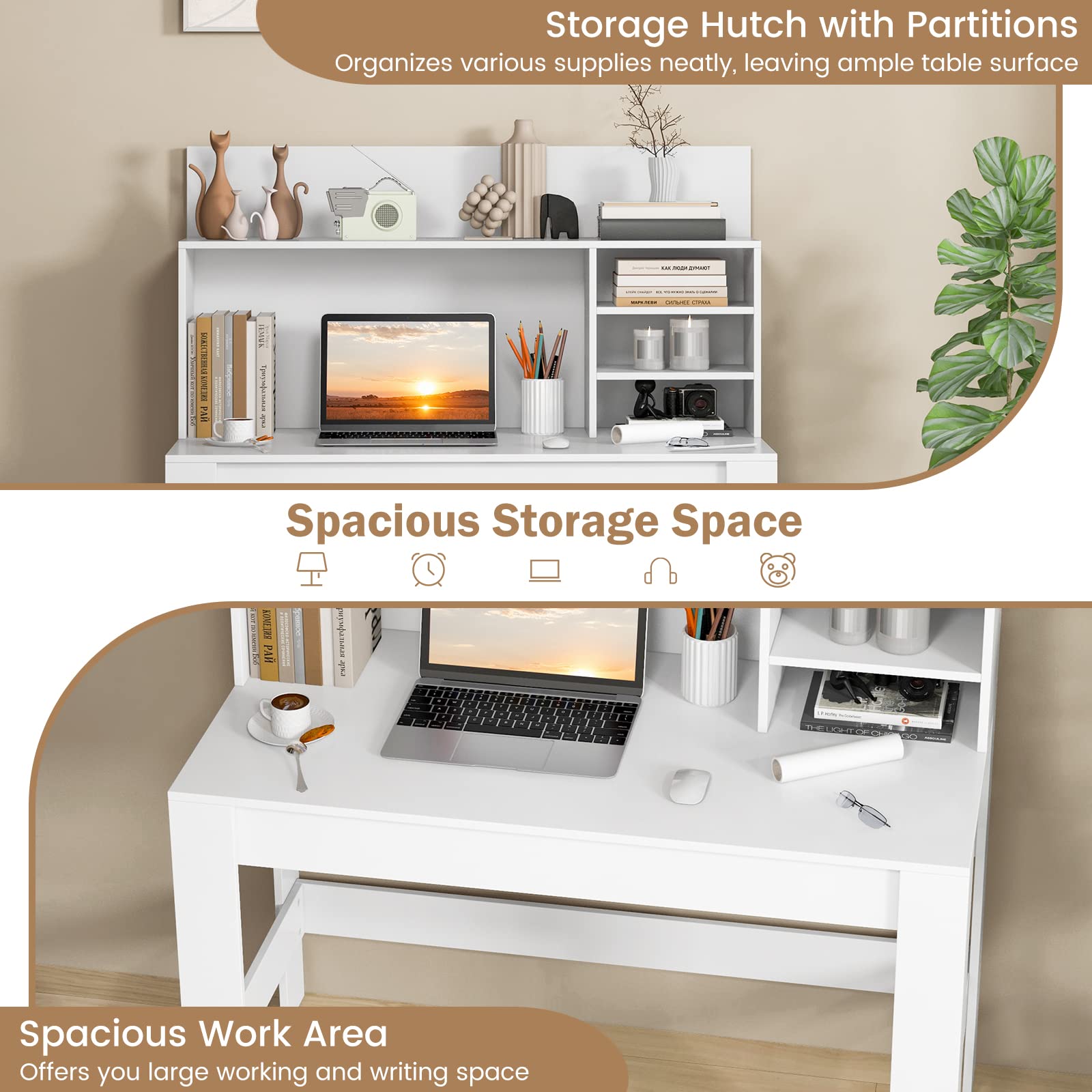 Tangkula White Desk with Hutch, Home Office Desk with Bookshelf, Writing Study Desk with Anti-Toppling Device & Cable Hole, Modern Computer Workstation PC Laptop Desk for Small Space, Bedroom