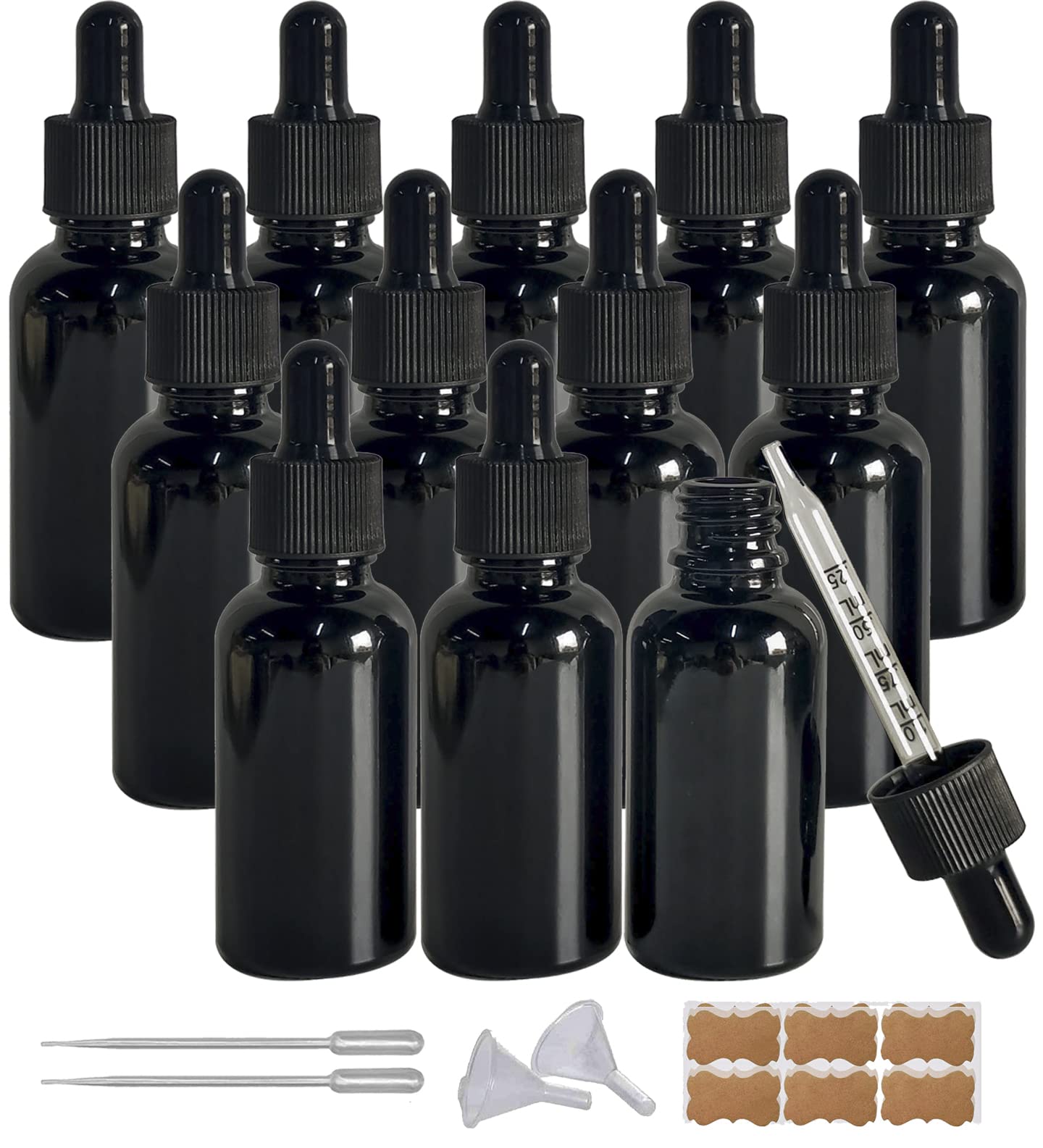 BEGIKET 1 oz Black Glass Dropper Bottle, 12 Pack 30ml Black Glass Bottles with Glass Eye Dropper, for Essential Oils, Aromatherapy Oil, Beard Oil, Perfume, Leak Proof Travel Bottles for Liquids