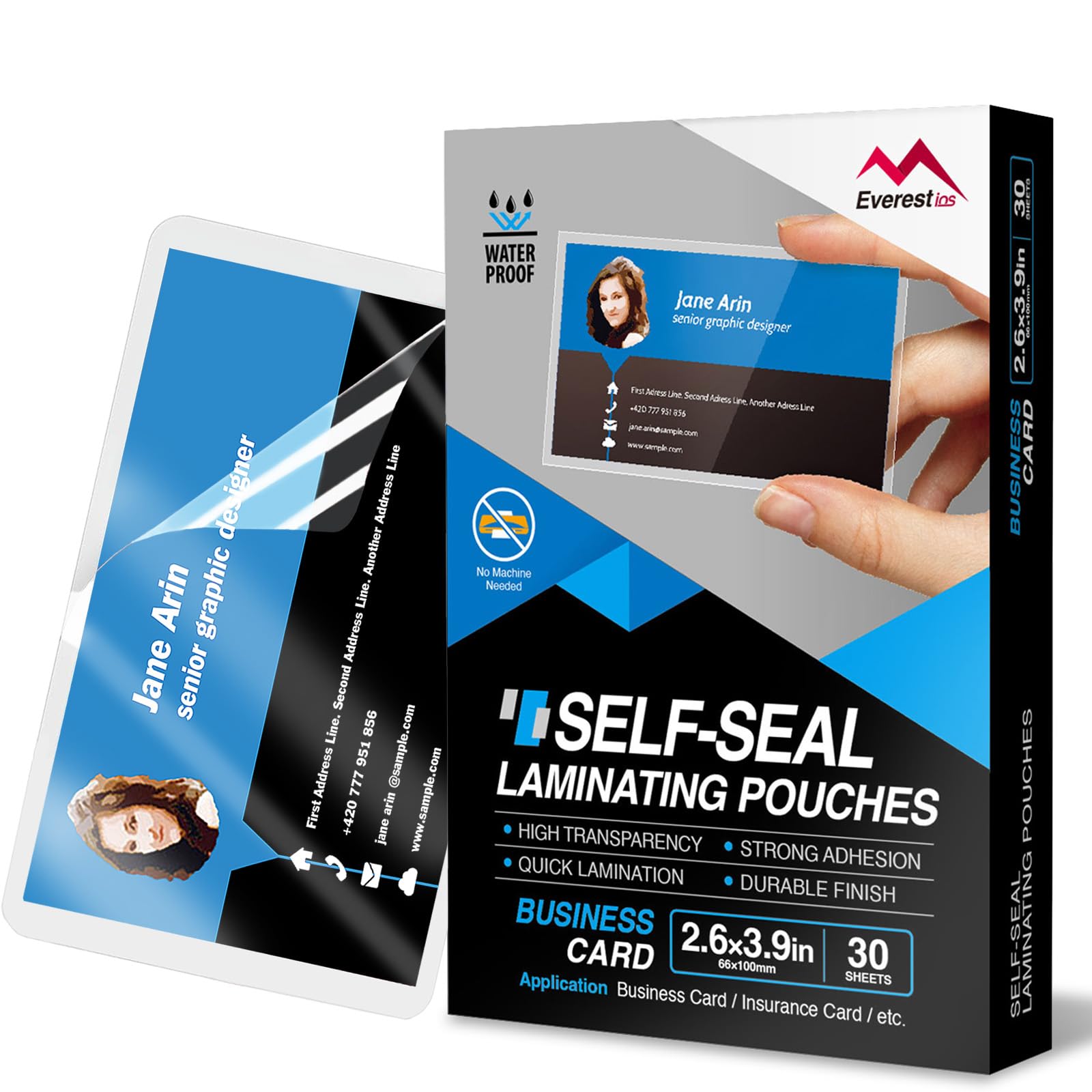 Everest Self Seal Laminating Pouches, Self Sealing for Small Cards Size, Waterproof, 10 Mil Thick, Gloss Finish, No Machine Needed (2.6x3.9, 25, Pack)