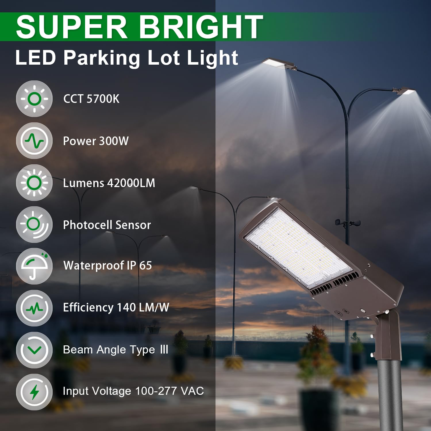 OSTEK LED Parking Lot Lights 300W Outdoor Commercial Area Lighting Fixture 42000LM - Waterproof IP65 5700K LED Shoebox Street Pole Light with Adjustable Slip Fitter Mount 100-277V