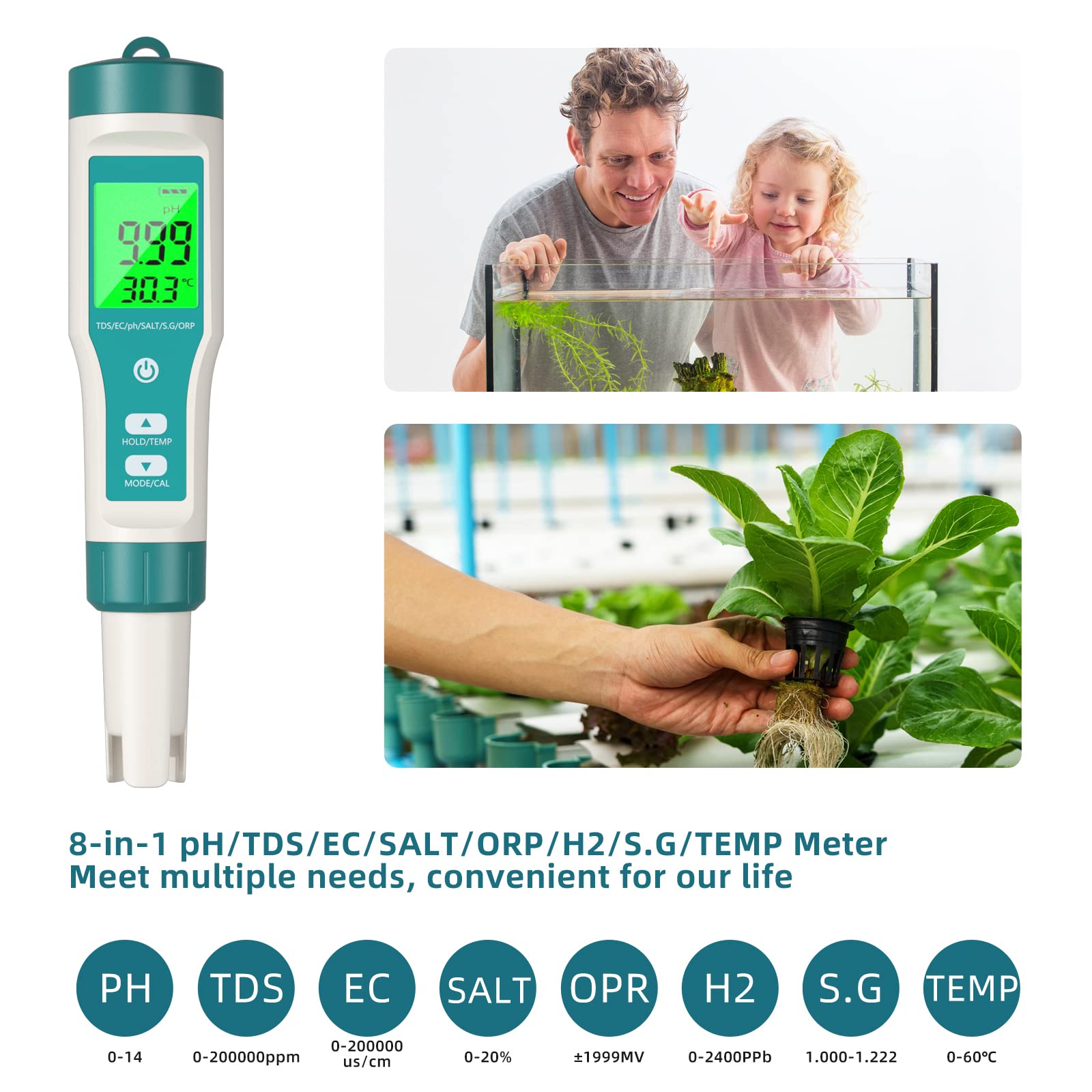 pH Meter, NIRIAHO TDS Meter 8-in-1 pH Tester PPM Meter EC Meter Salt Tester ORP H2 Tester Temp Tester Digital Range with 0-14, 0.001 High Accuracy, Ideal for Water/Pool/Aquarium/Wine(8-in-1 pH Meter)