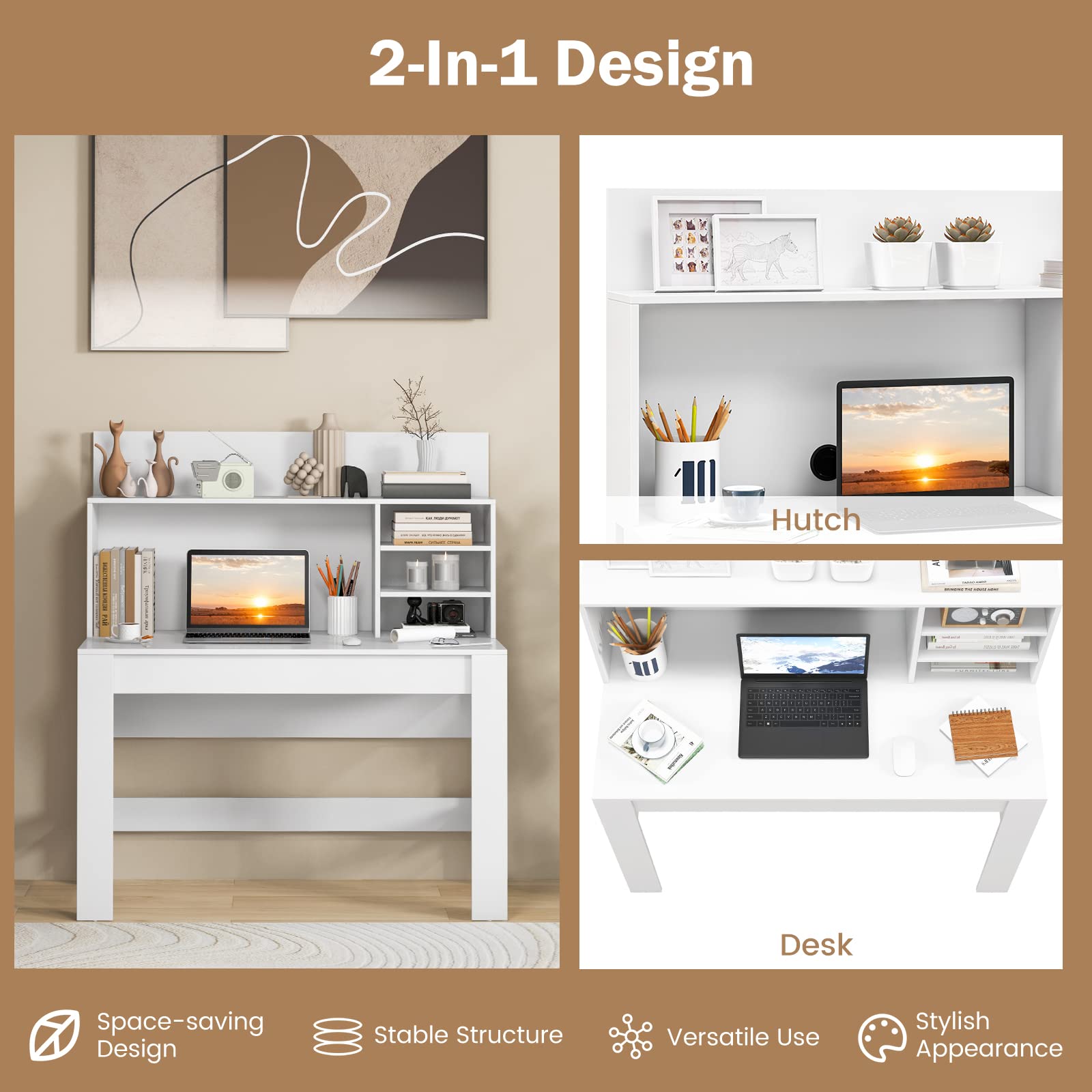 Tangkula White Desk with Hutch, Home Office Desk with Bookshelf, Writing Study Desk with Anti-Toppling Device & Cable Hole, Modern Computer Workstation PC Laptop Desk for Small Space, Bedroom