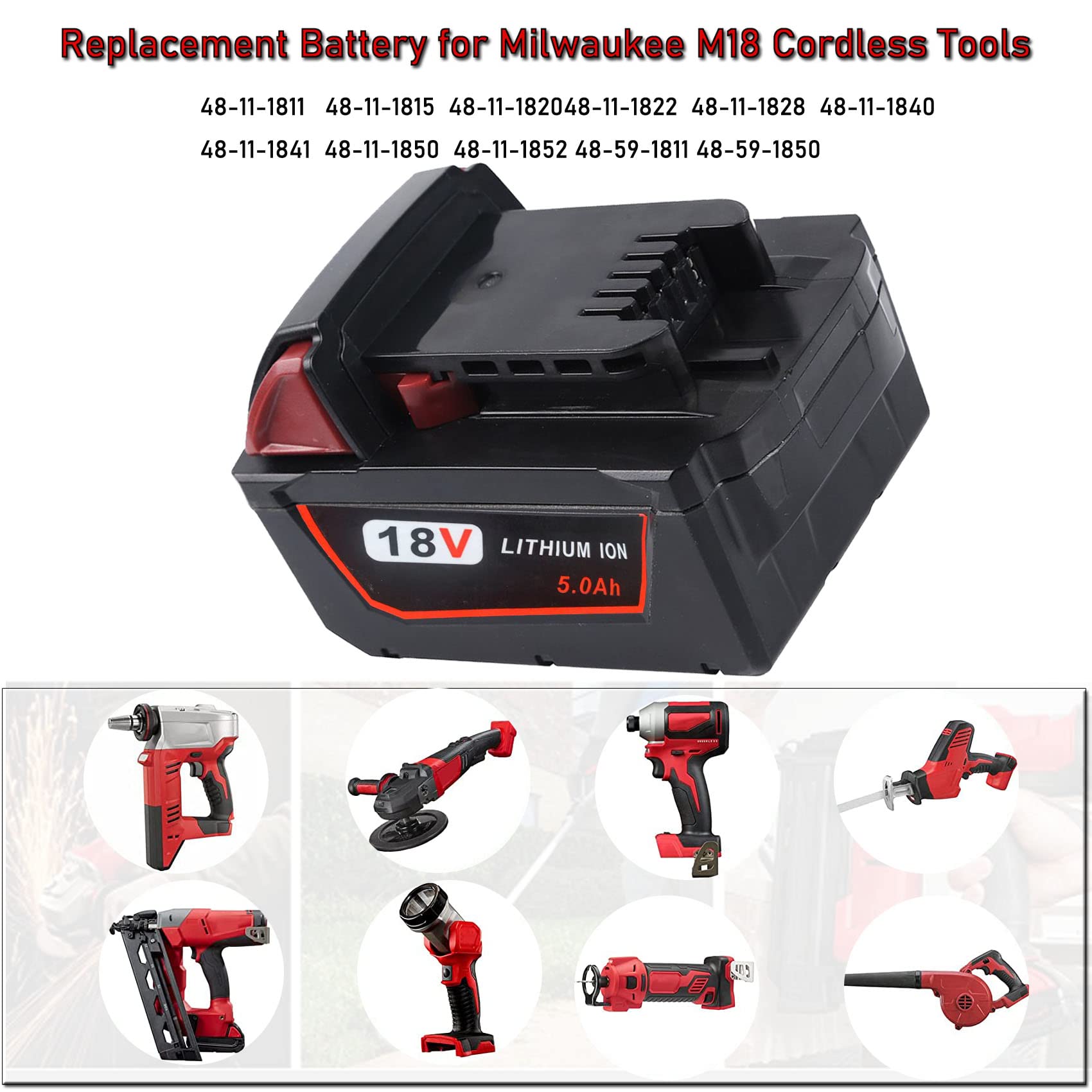 2 Pack 5.0Ah M18 Battery Replacement for Milwaukee M18 Battery, Replacement for Milwaukee M18 Cordless Power Tools 18V XC Lithium Battery 48-11-1852 48-11-1850 48-11-1862 48-11-1812