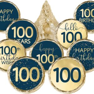 Navy Blue and Gold 100th Birthday Party Favor Chocolate Kisses Candy Stickers - 180 Count, 100th Birthday Decorations