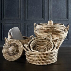 47th & Main Round Wicker Motika Storage Baskets with Lids Seagrass Basket, Set of 2, Patterned