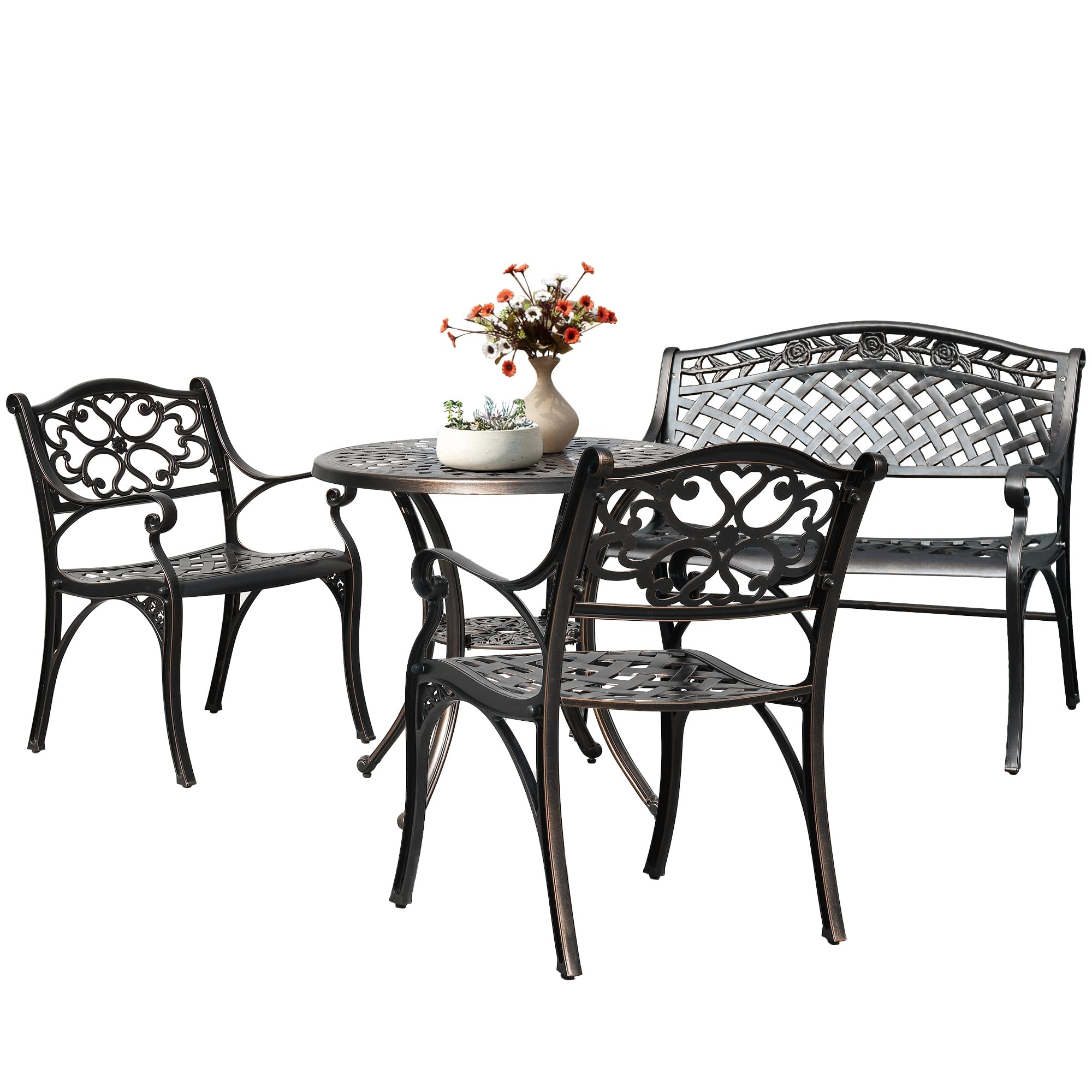 DWVO 4 Piece Outdoor Furniture Cast Aluminum Patio Dining Sets, Patio Dining Set with 2 Chairs, 1 Outdoor Garden Bench, 30 Inches Round Table with Umbrella Hole, for Balcony Backyard Deck Garden