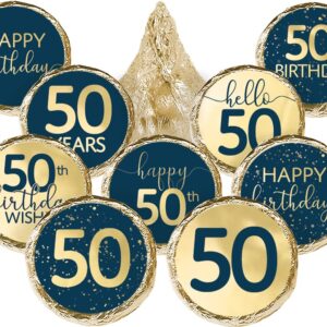 Navy Blue and Gold 50th Birthday Party Favor Chocolate Kisses Candy Stickers - 180 Count