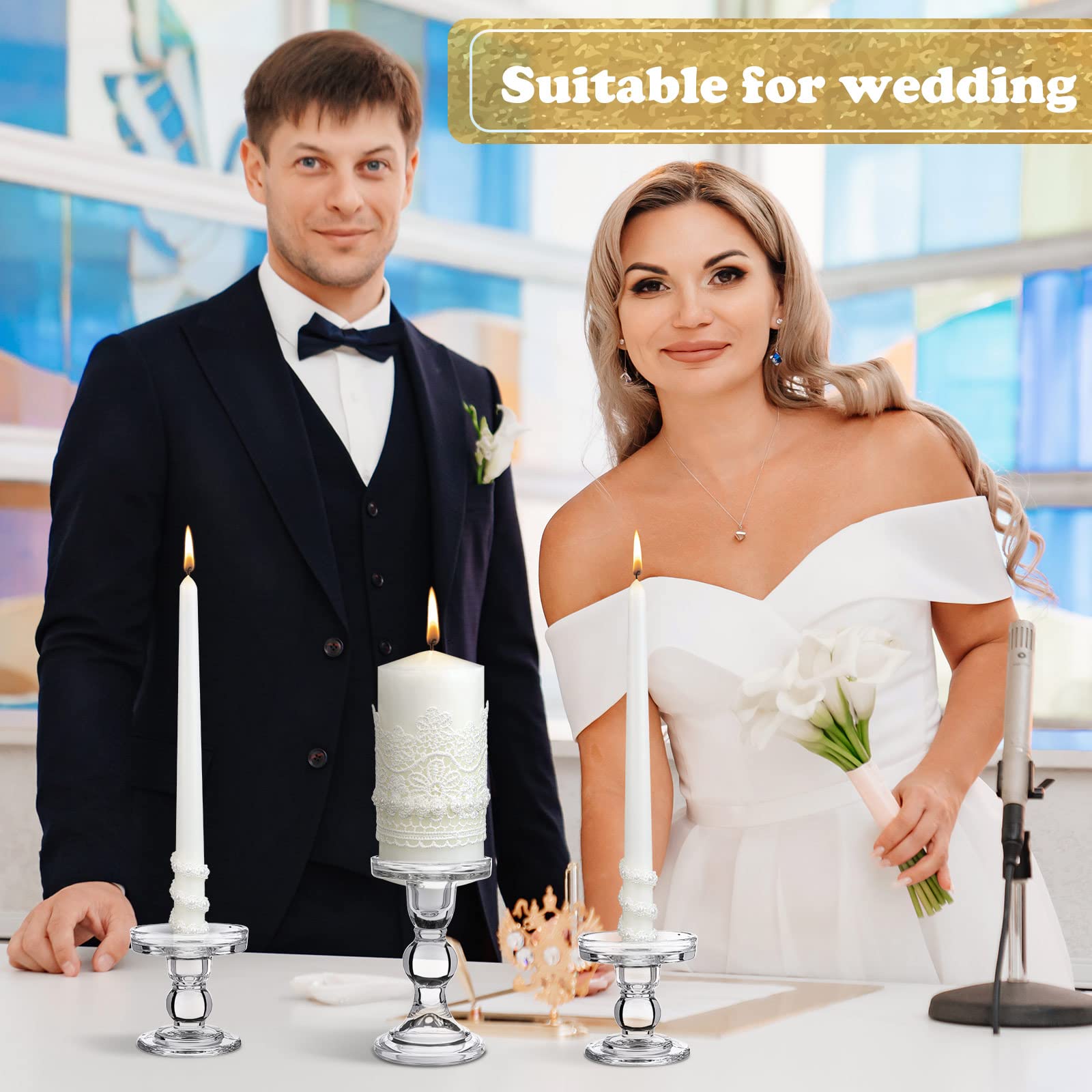 Irenare 3 Unity Candles with Candle Holder for Wedding Ceremony Wedding Accessories for Reception Ceremony Decorative Glass Candle Holder Pillar Candle for Formal Events Wedding Church (Classic Style)