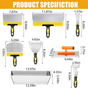 DEKEones Drywall Knife Set, 8 Pieces Stainless Steel Drywall Hand Tool Kit Includes Taping Knives, Putty Knives, Finishing Trowel, Mud Scoop and 12" Mud Pan with Ergonomic Handles for Drywall Work