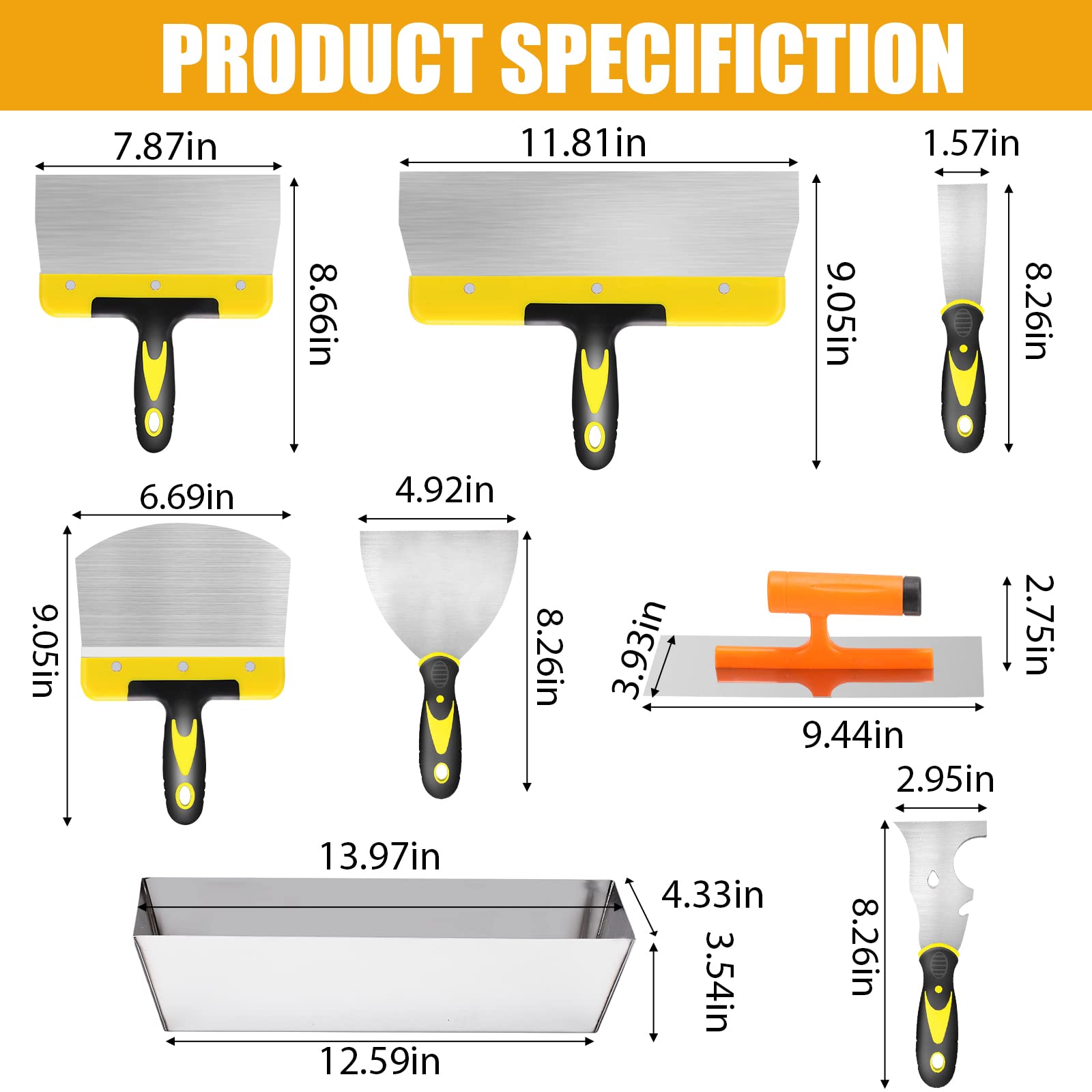 DEKEones Drywall Knife Set, 8 Pieces Stainless Steel Drywall Hand Tool Kit Includes Taping Knives, Putty Knives, Finishing Trowel, Mud Scoop and 12" Mud Pan with Ergonomic Handles for Drywall Work