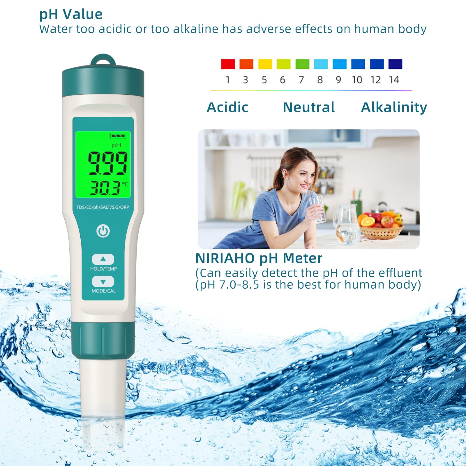 pH Meter, NIRIAHO TDS Meter 8-in-1 pH Tester PPM Meter EC Meter Salt Tester ORP H2 Tester Temp Tester Digital Range with 0-14, 0.001 High Accuracy, Ideal for Water/Pool/Aquarium/Wine(8-in-1 pH Meter)