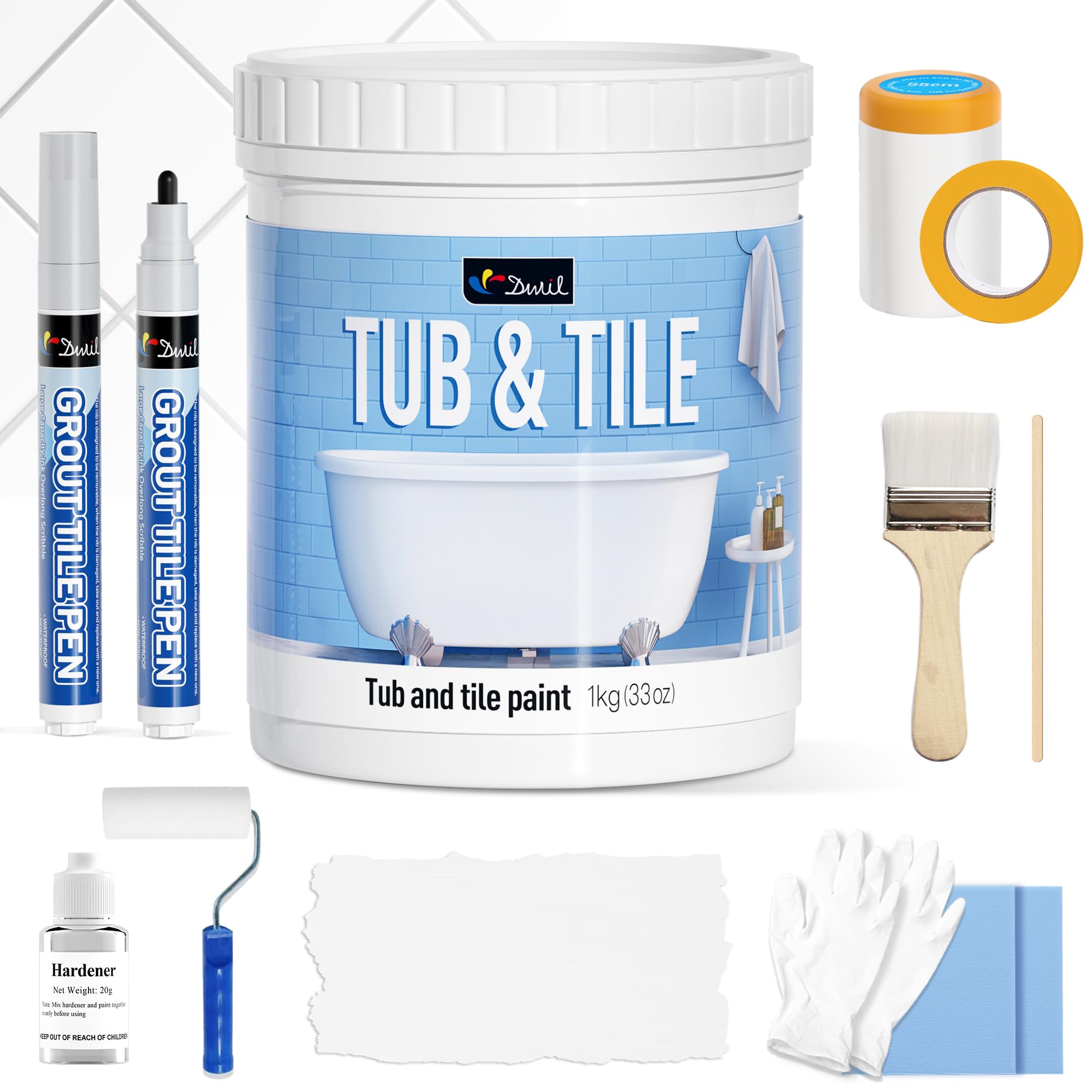 DWIL Tub Paint, Tub and Tile Refinishing Kit 35oz with Tools and 2 Grout Pen, White Bathtub Paint Water Based &Low Odor, Easy to Use Sink Paint for Bathroom Kitchen, Semi-Gloss White, 50-55sq.ft