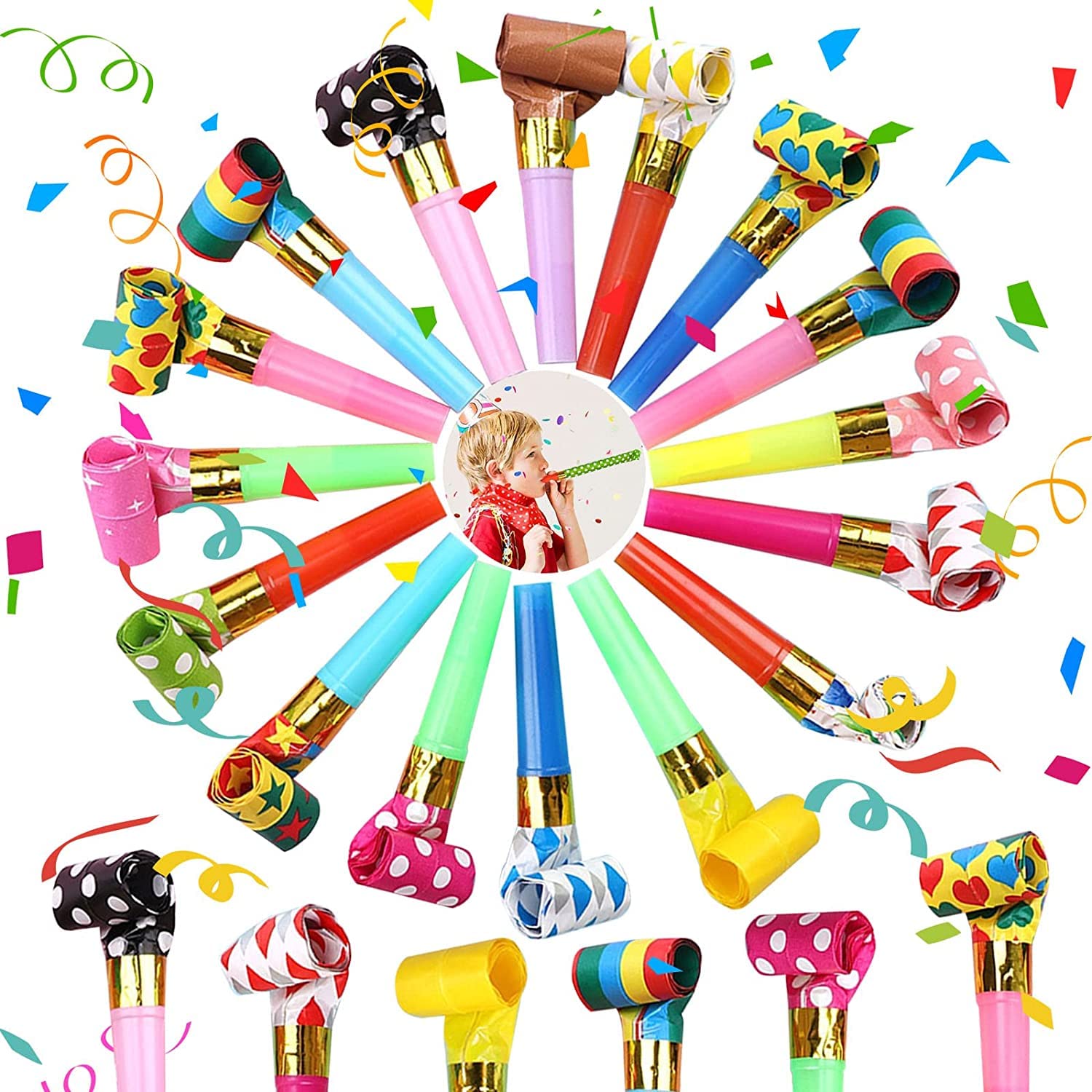 25pcs Party Blowers,Colourful Noisemakers Party Blowouts Squawkers Fringed Noise Maker,Birthday Noisemakers Birthday Blow Horns Party Whistles