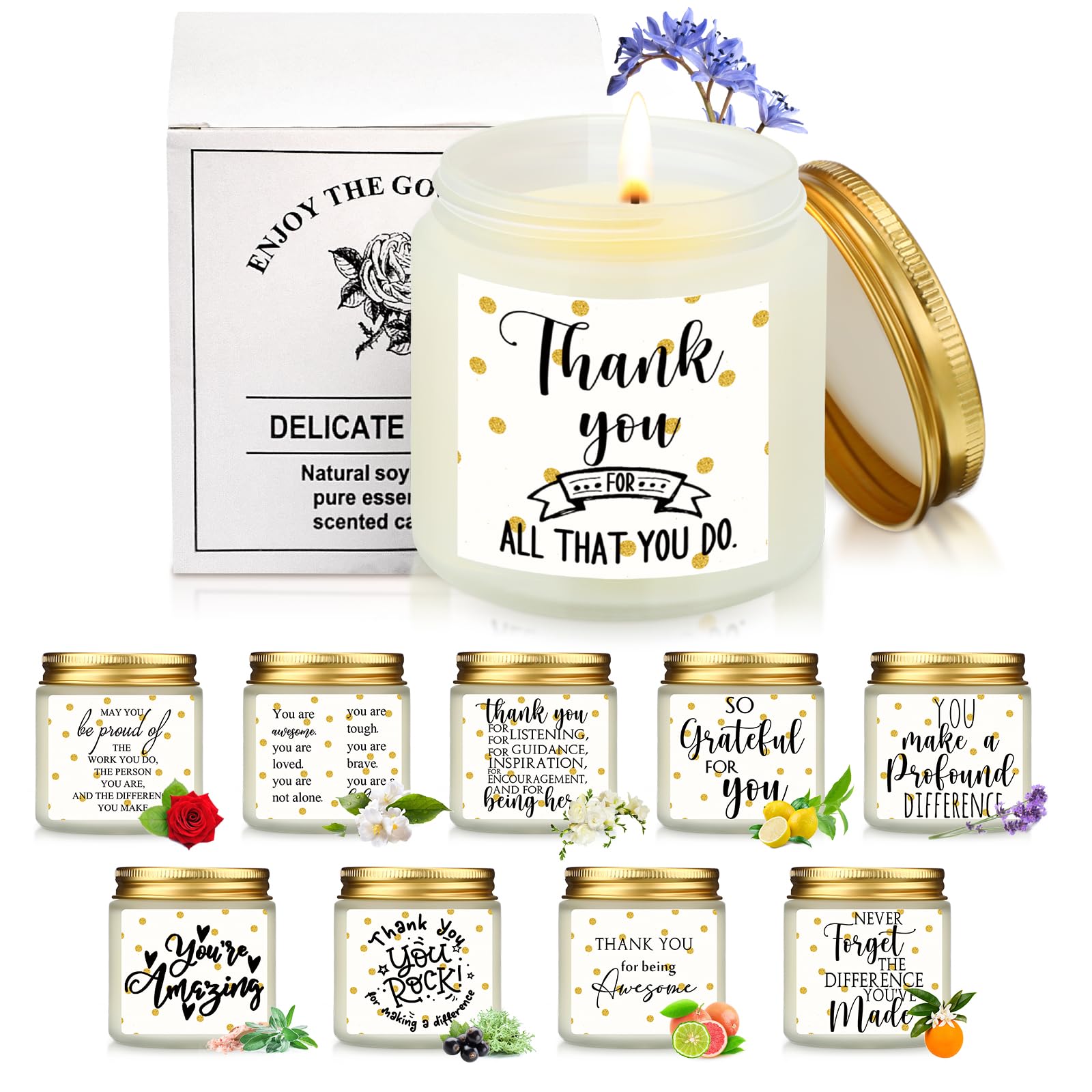 Roowest 10 Jars Christmas Thank You Candles Bulk 3.5 oz Thank You Gifts Bulk Soy Wax Jar Inspirational Candle Employee Appreciation Gifts for Coworkers Team Women Teacher(White,Polka Dot Style)